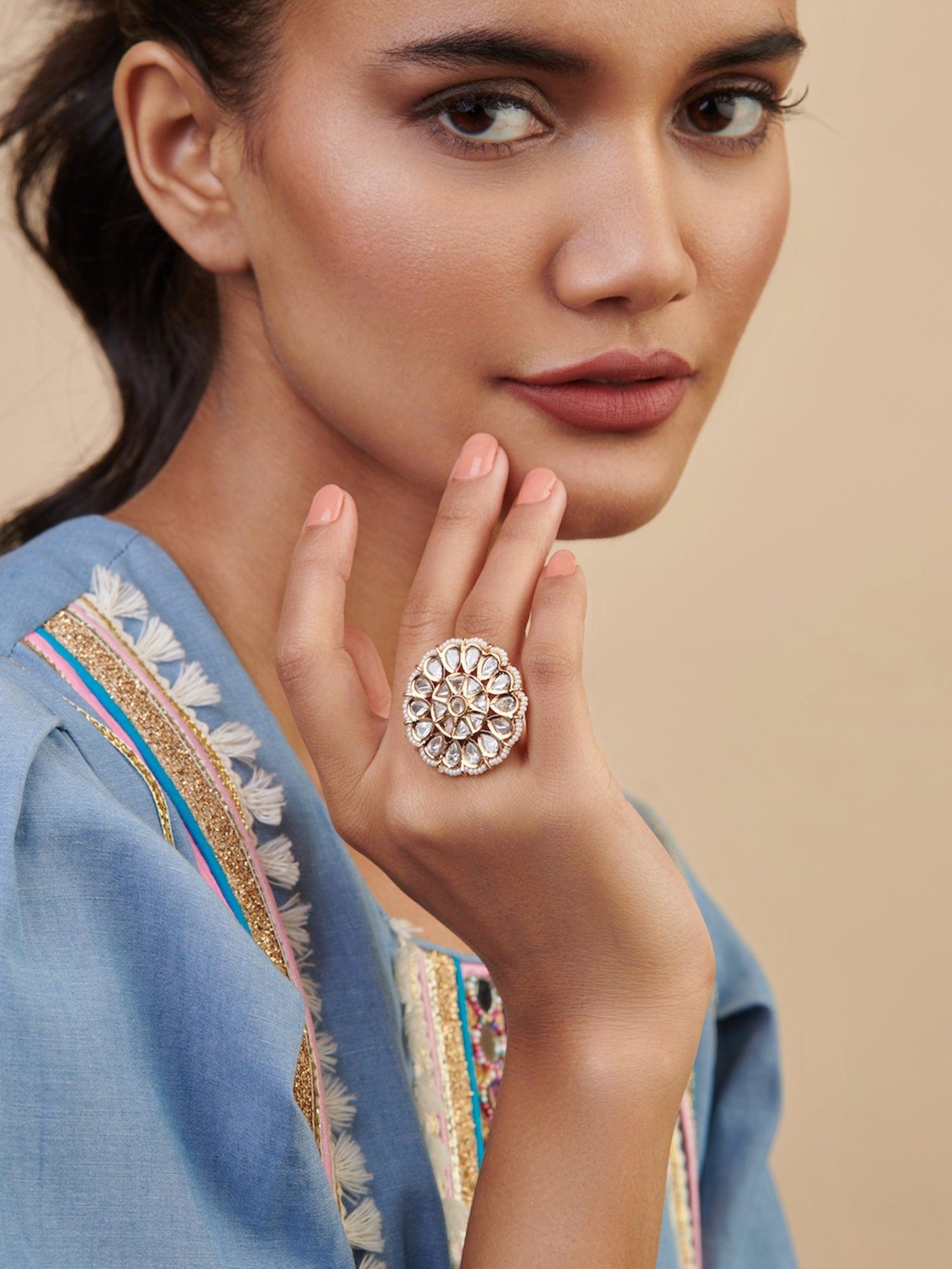 Meira Border of Pearls Kundan Ring 