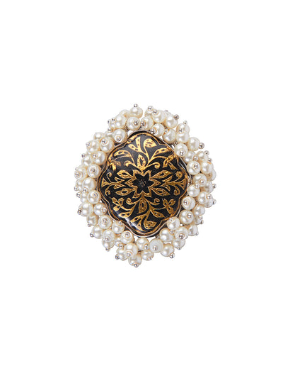 Aria Oxidised Vintage Enameled Pearl Embellished Ring 