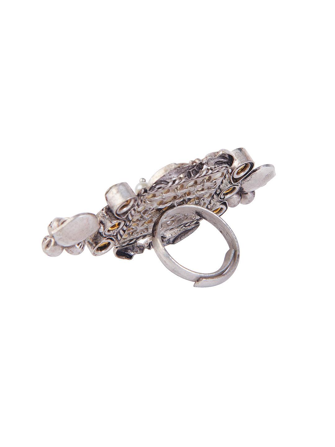  Aria Oxidised Square Pearl Embellished Ring