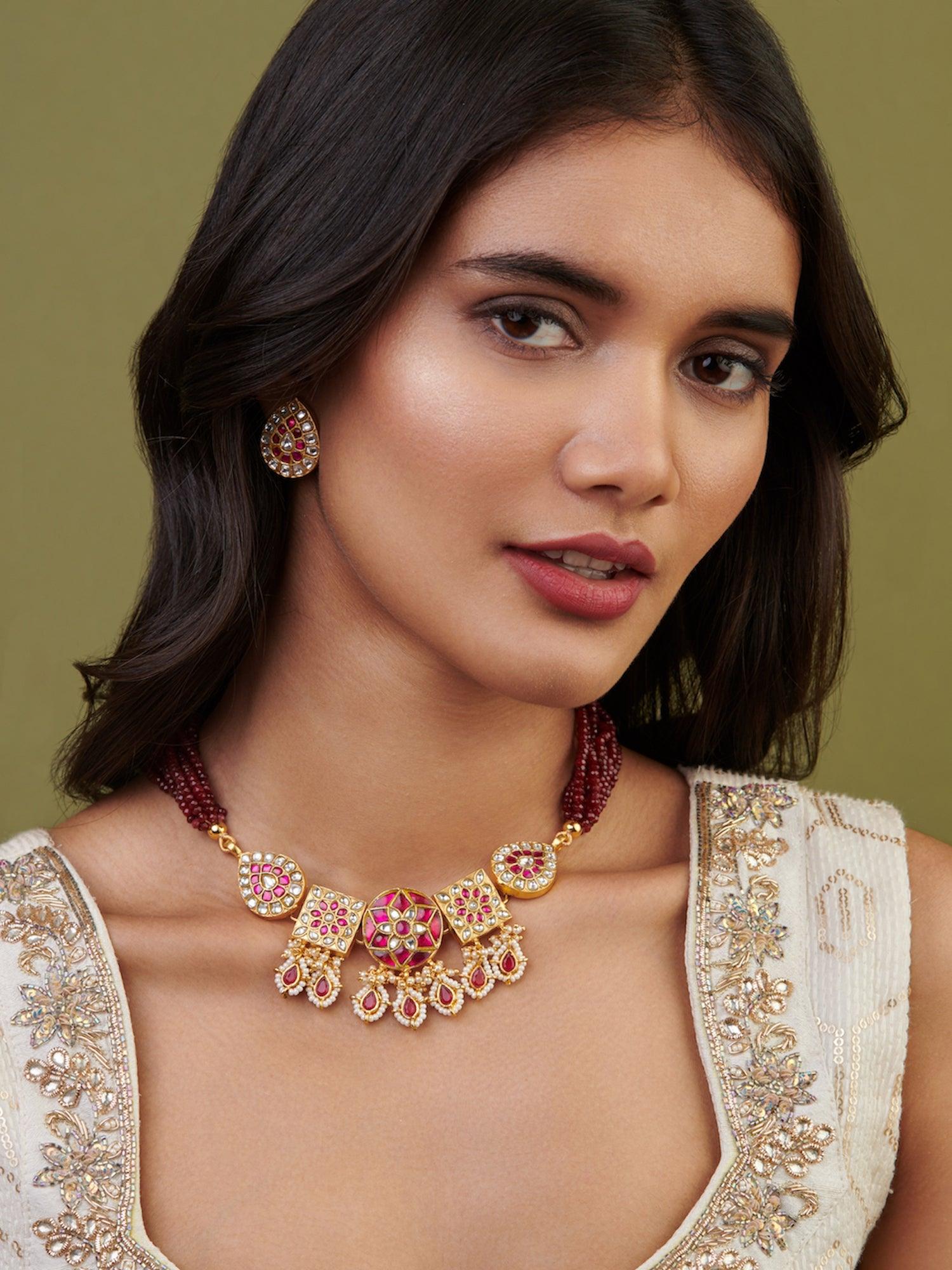 Meira Ruby Red  Jadau Drop Necklace Set 