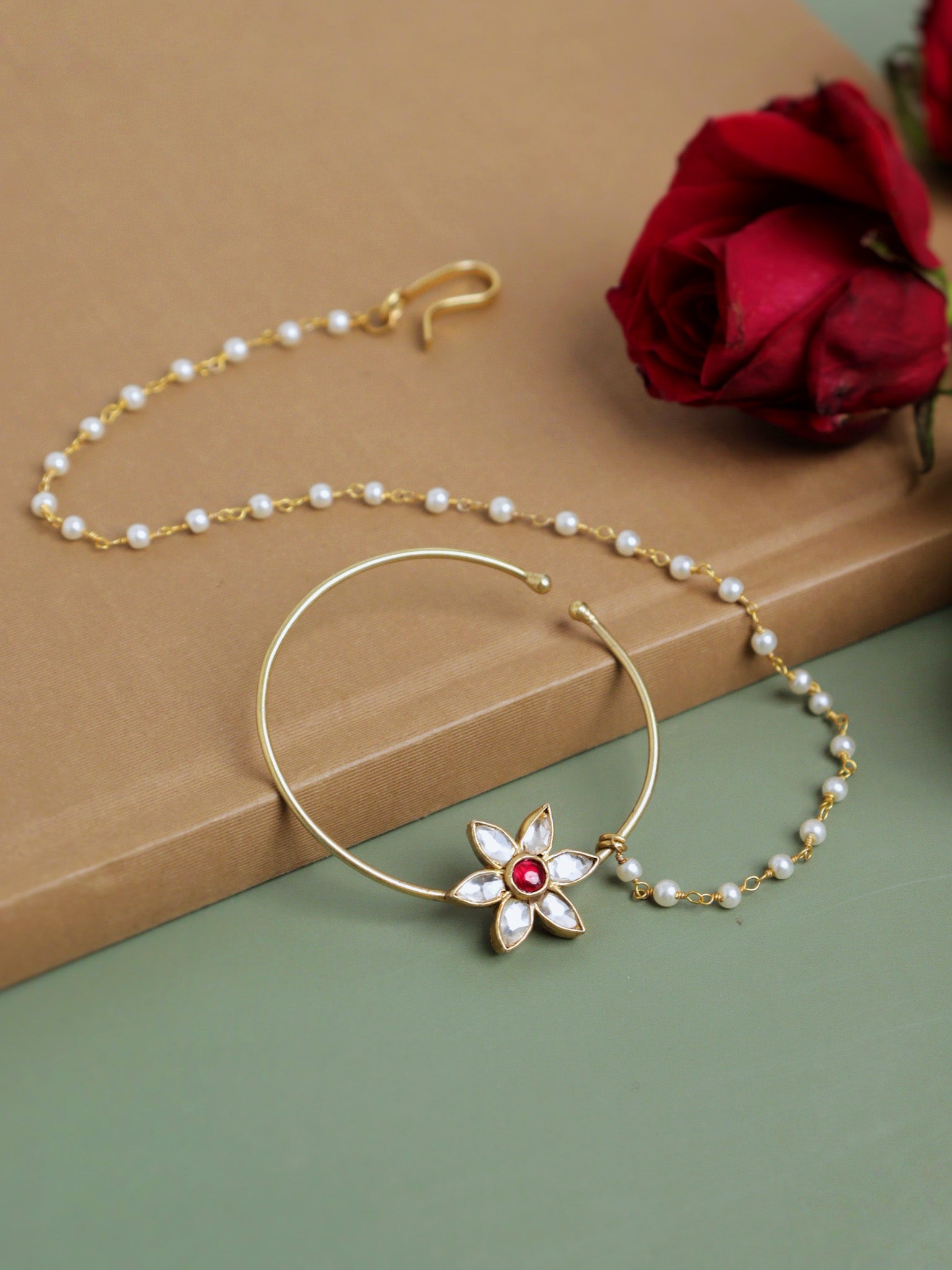  22 KT Gold Plated Zircon Sparkle Flower Nath with Beads