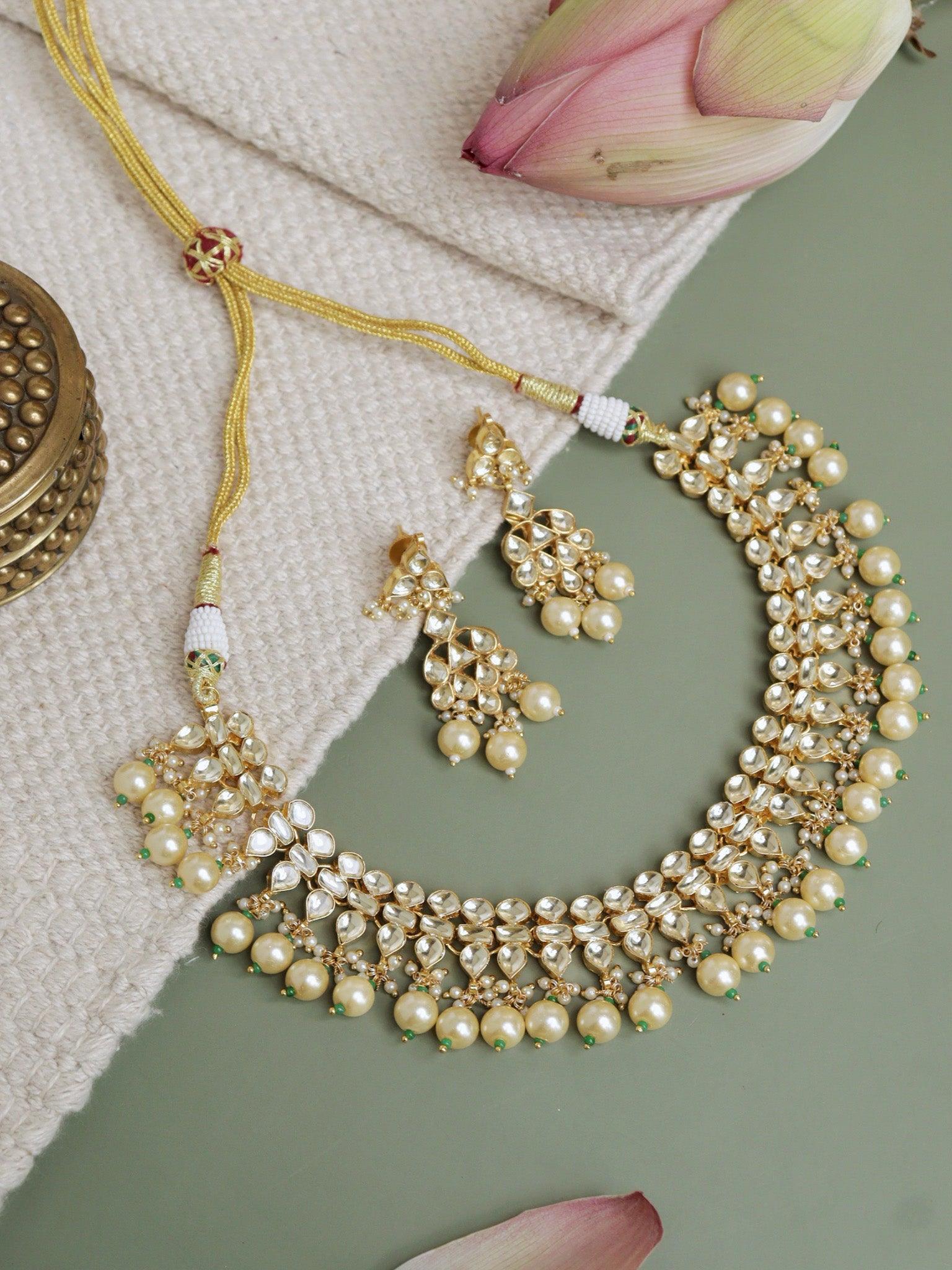 Small Diamond Choker Set 18 KT Gold Plated Kundan Pearl Drop