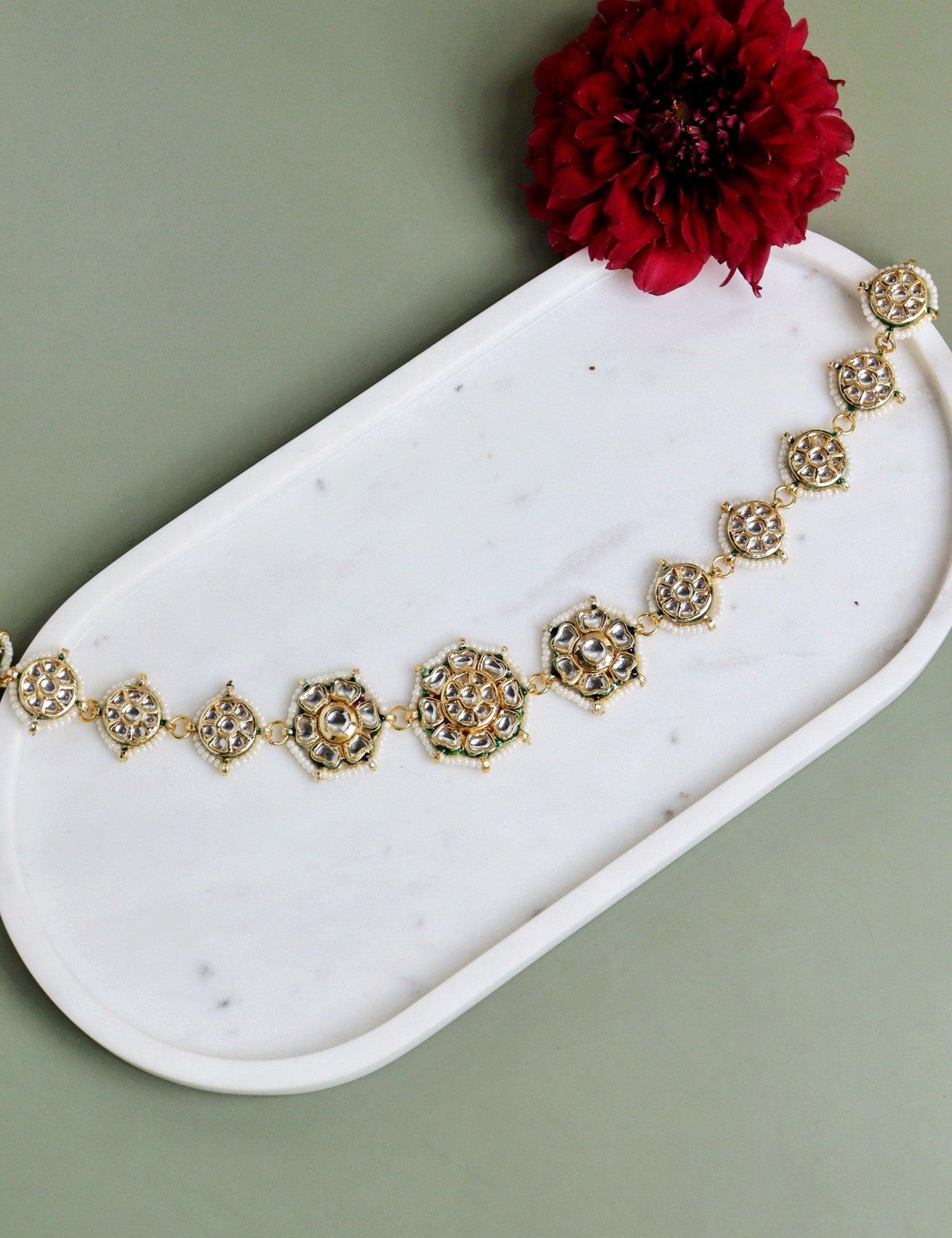 Gold Plated White Kundan Studded Pearl Beaded Embellished Matha Patti