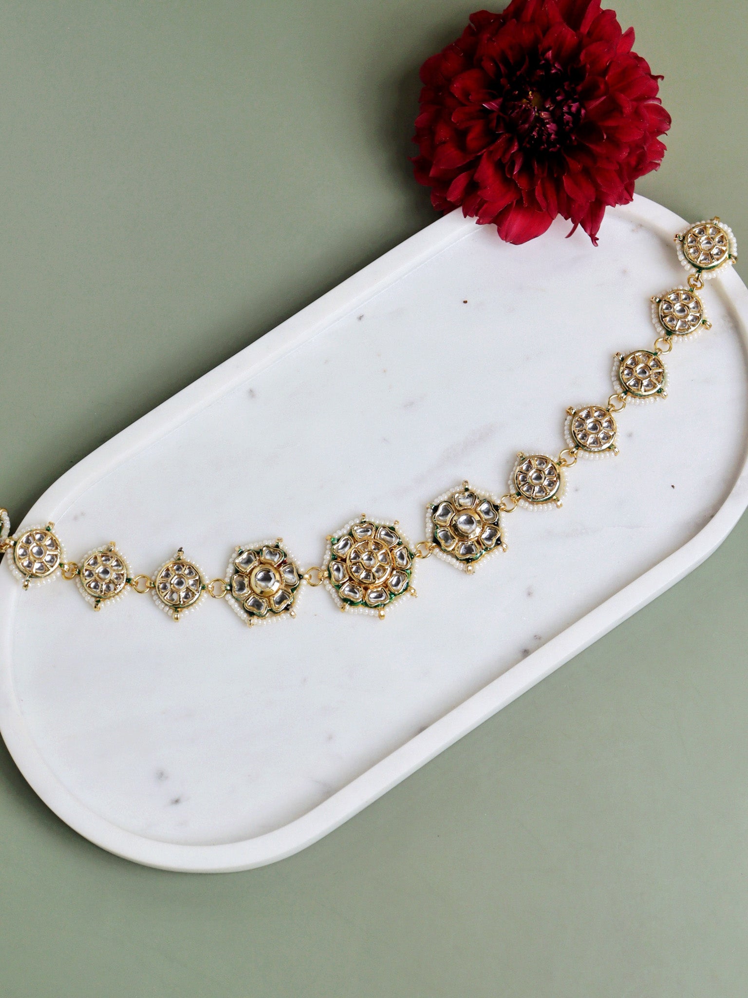 Gold Plated Handcrafted White Pearls Studded Matha patti 