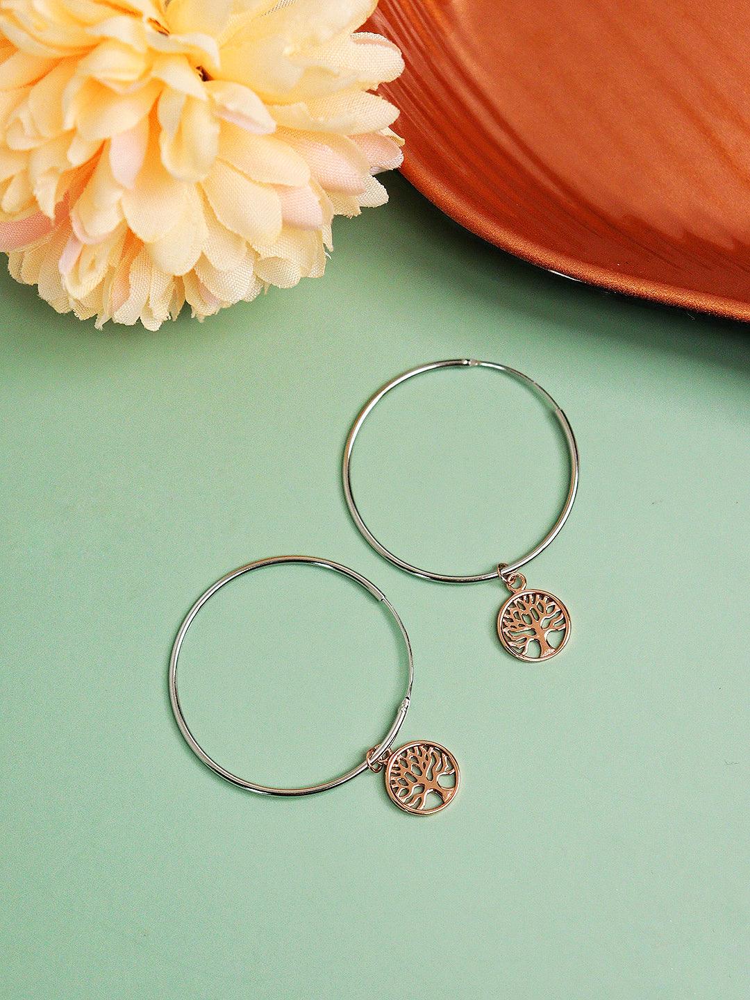 925 Silver Tree Of Life Rose Gold Plated Hoop Earrings 