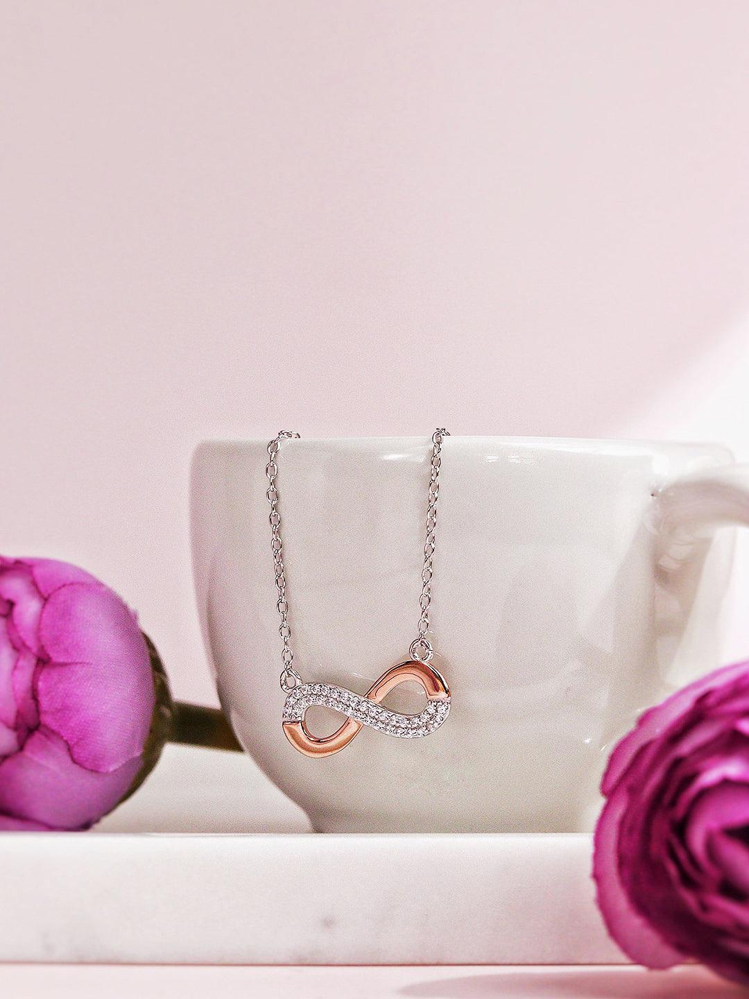 925 Silver Infinity Rose Gold Pendant Studded With Zirconia Necklace 