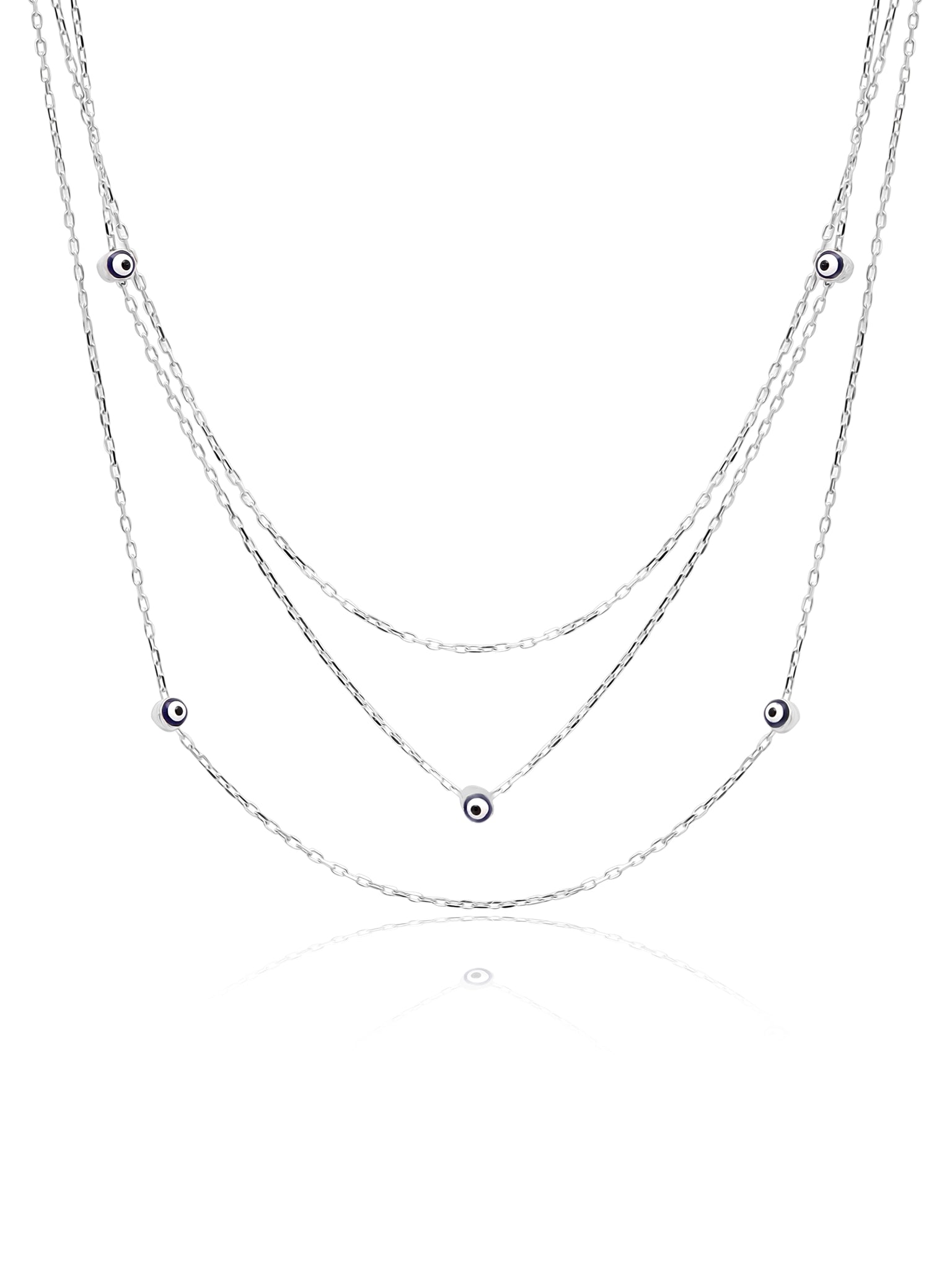 Sterling Beaded Evil Eye Three Layered Silver Chain Necklace 