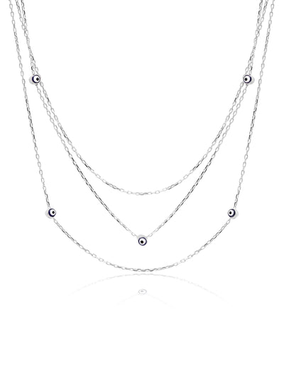 Sterling Beaded Evil Eye Three Layered Silver Chain Necklace 