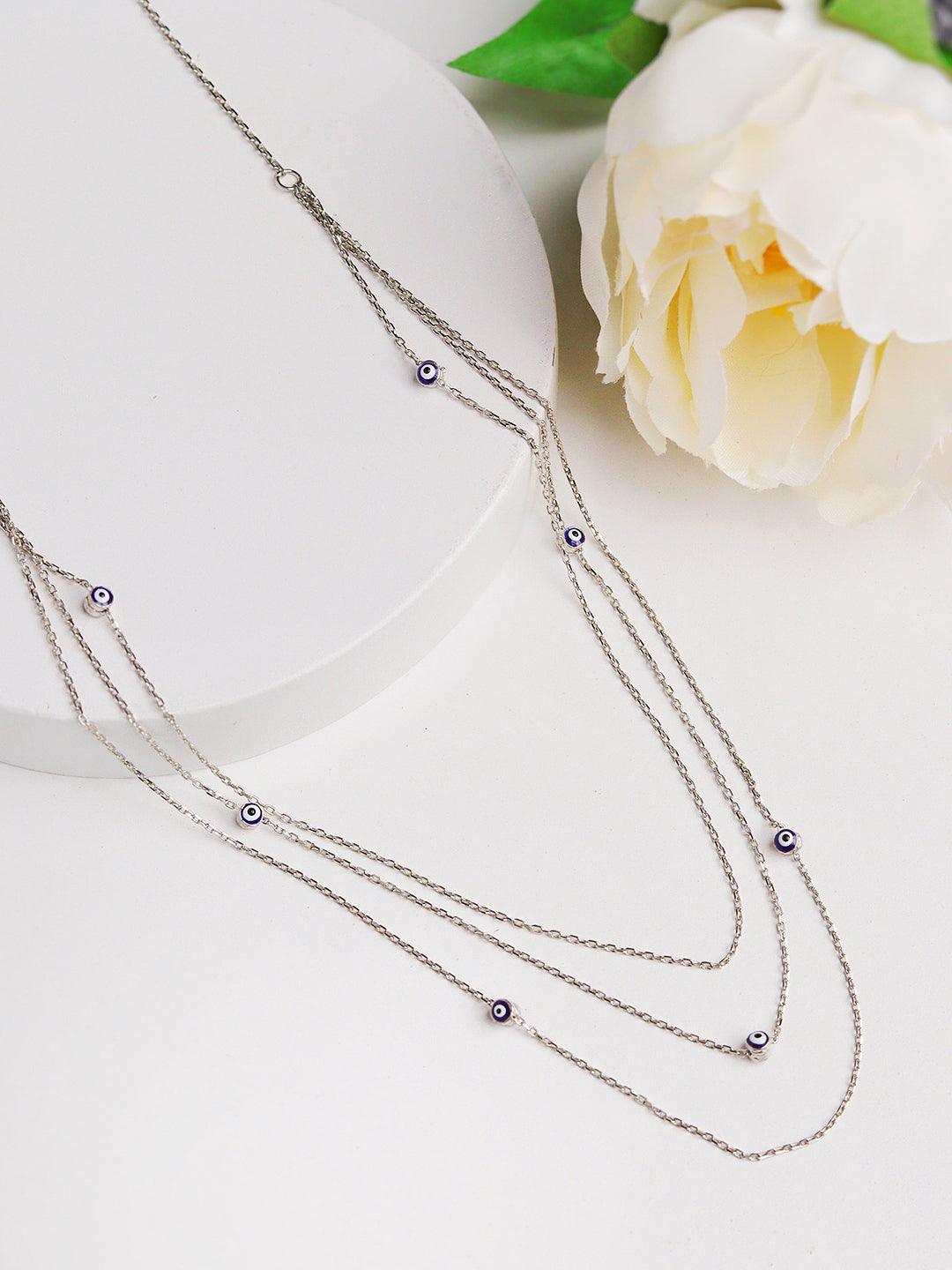 Sterling Beaded Evil Eye Three Layered Silver Chain Necklace