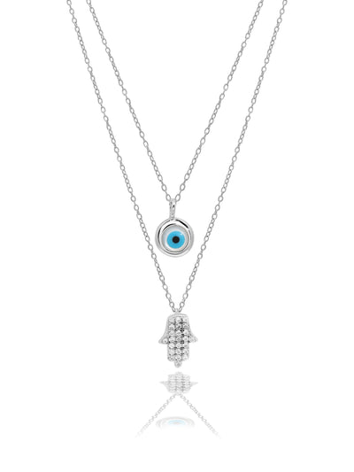 Pure Silver Mingling Of Hamsa And Evil Eye Necklace 
