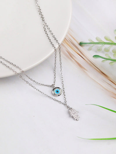 Pure Silver Mingling Of Hamsa And Evil Eye Necklace 