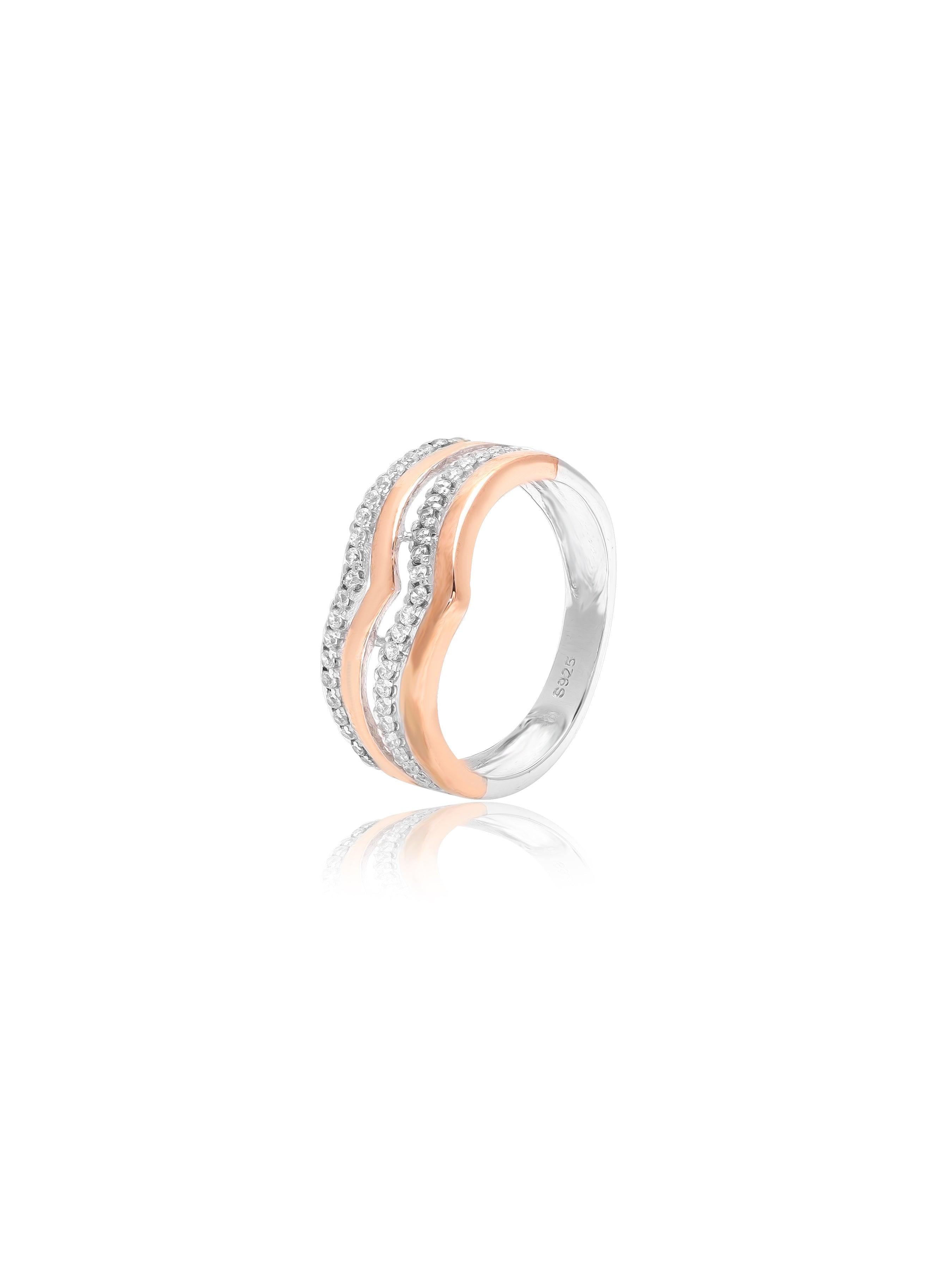 Rose Gold Plated Wavy Elegance Zirconia Studded Ring - Size 7