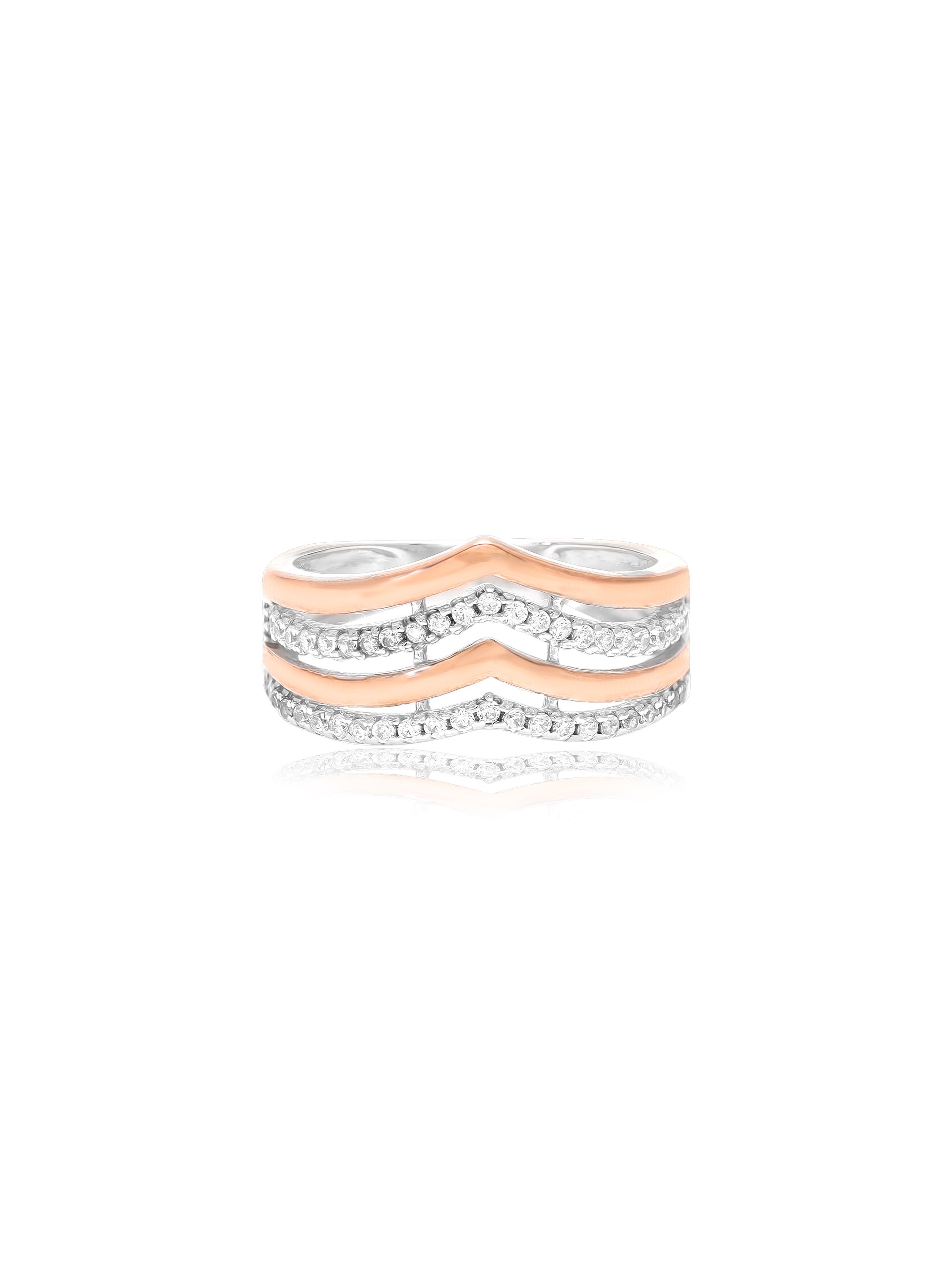 Rose Gold Plated Wavy Elegance Zirconia Studded Ring - Size 7