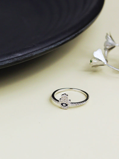  925 Silver Hamsa Charm Zircon Studded Ring