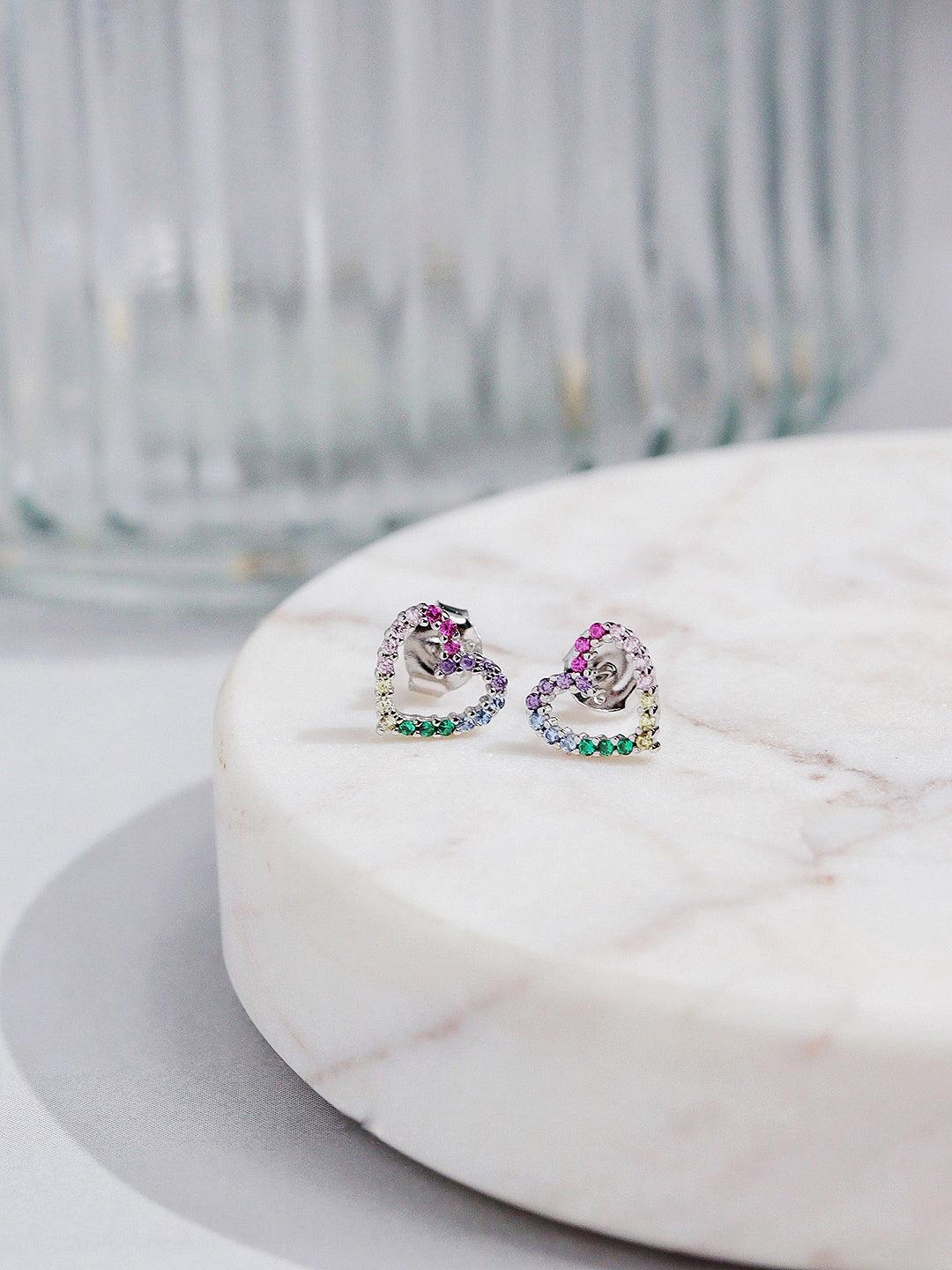 Silver Rainbow Heart Stud Earrings Curio Cottage