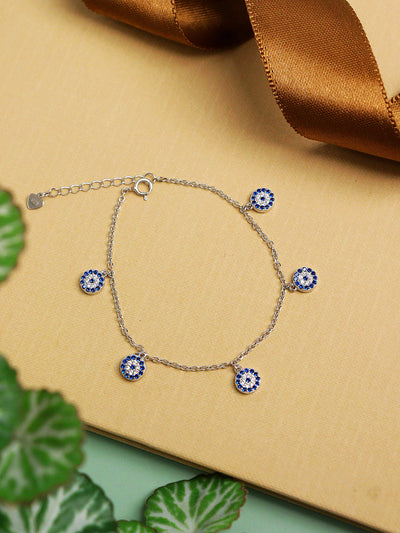  Blooming Blue Evil Eye Silver Anklet