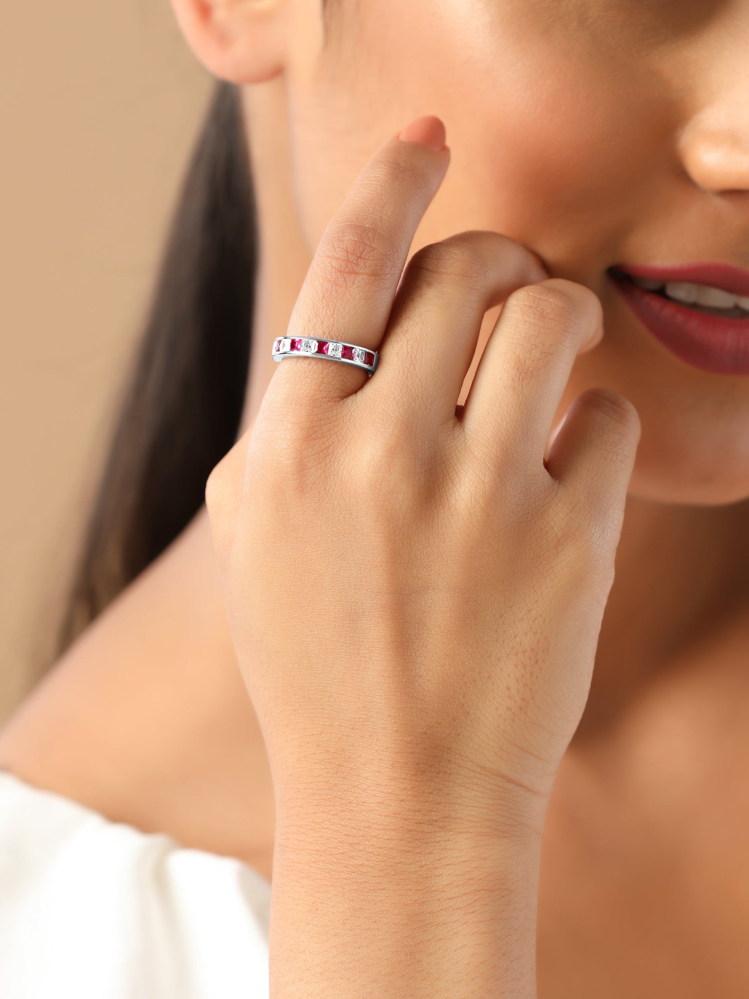  Royal Pink Crystal Silver Rings