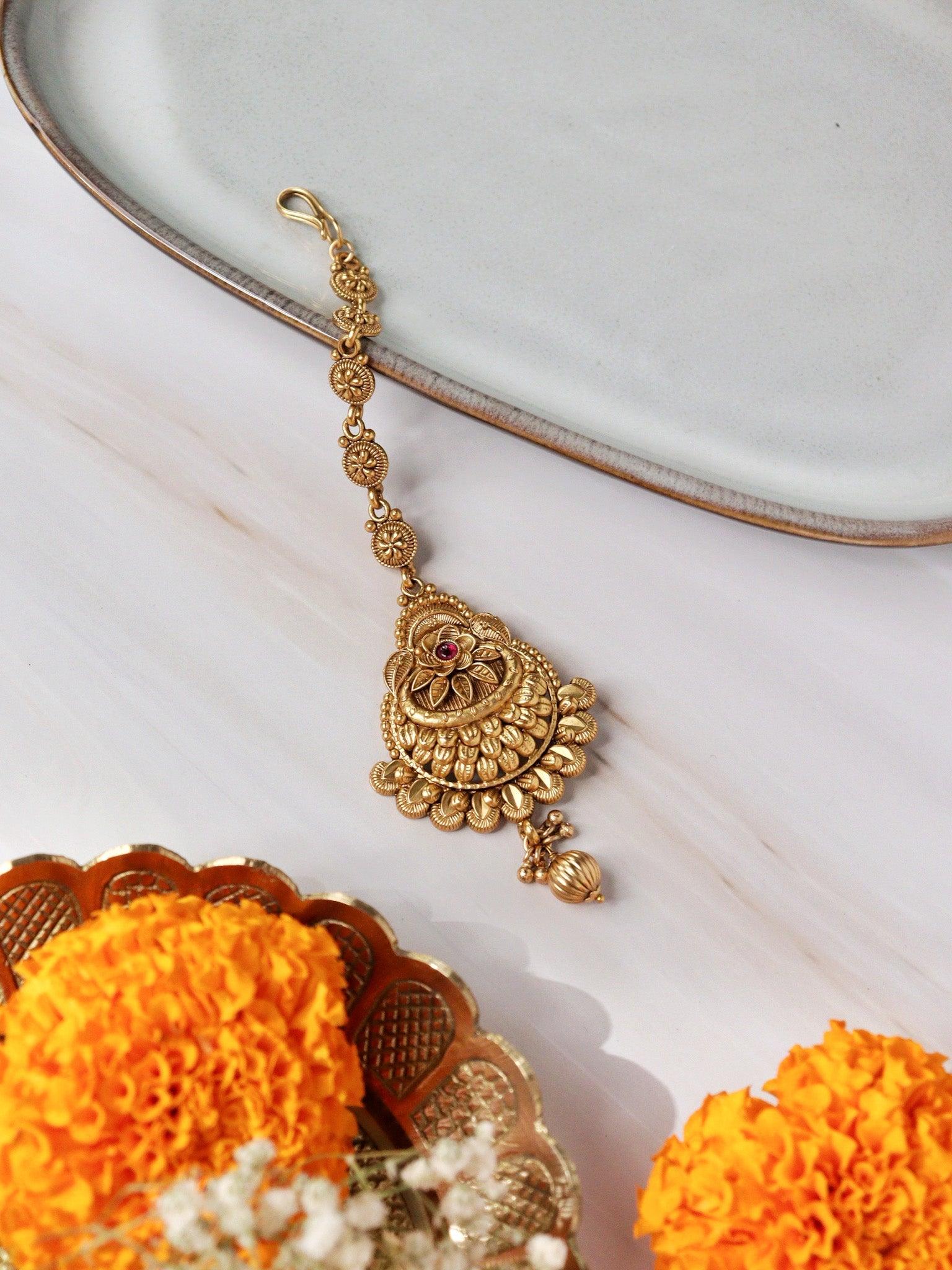 22K Gold Plated Enchanting Floral Motif Maang Tikka 