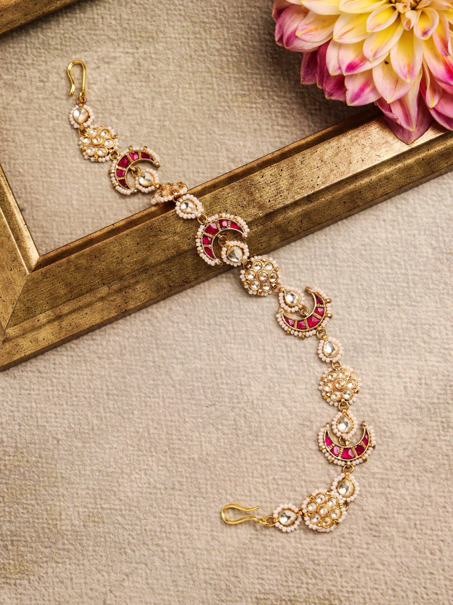 18 KT Exquisite Pink Crescent and Floral Sheeshphool Mathapatti 