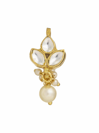 Glistening Clover Kundan Clip-On Nose Pin with Pearl Drop 