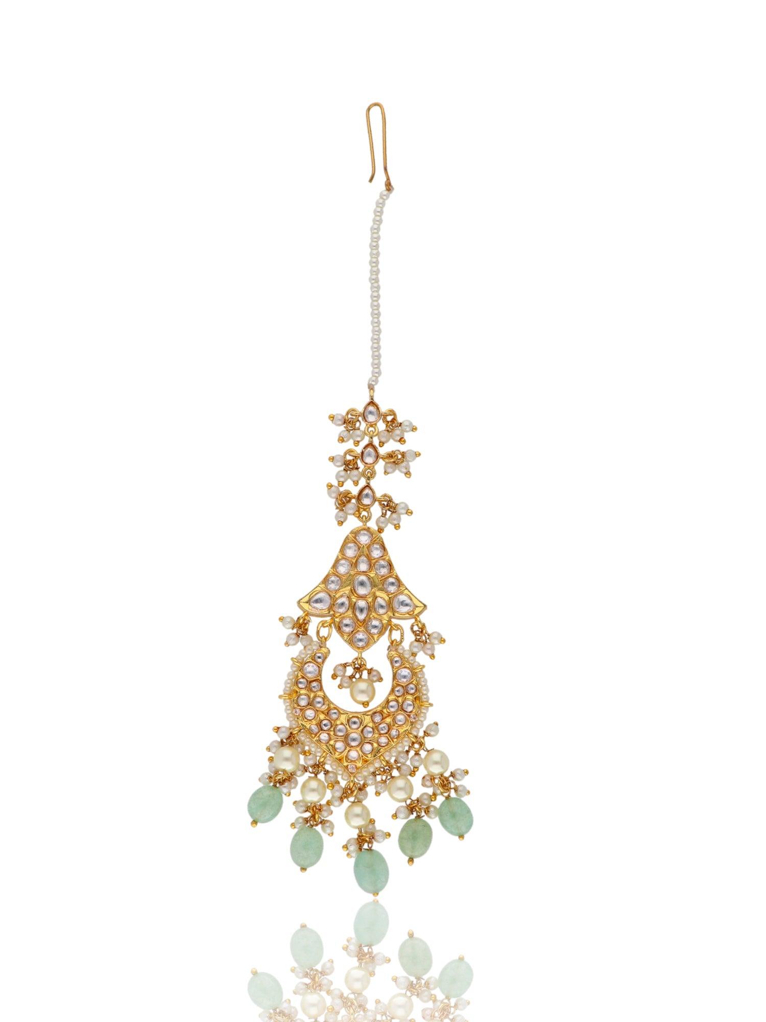 Bridal Drops of Green Kundan Maangteeka 