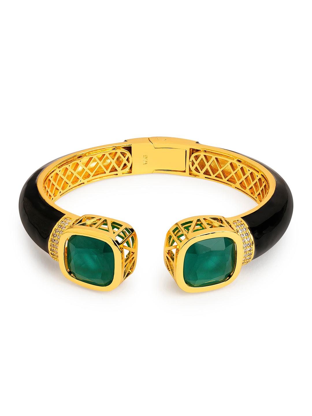 Green Glow CZ Black Enameled Kada Bracelet 