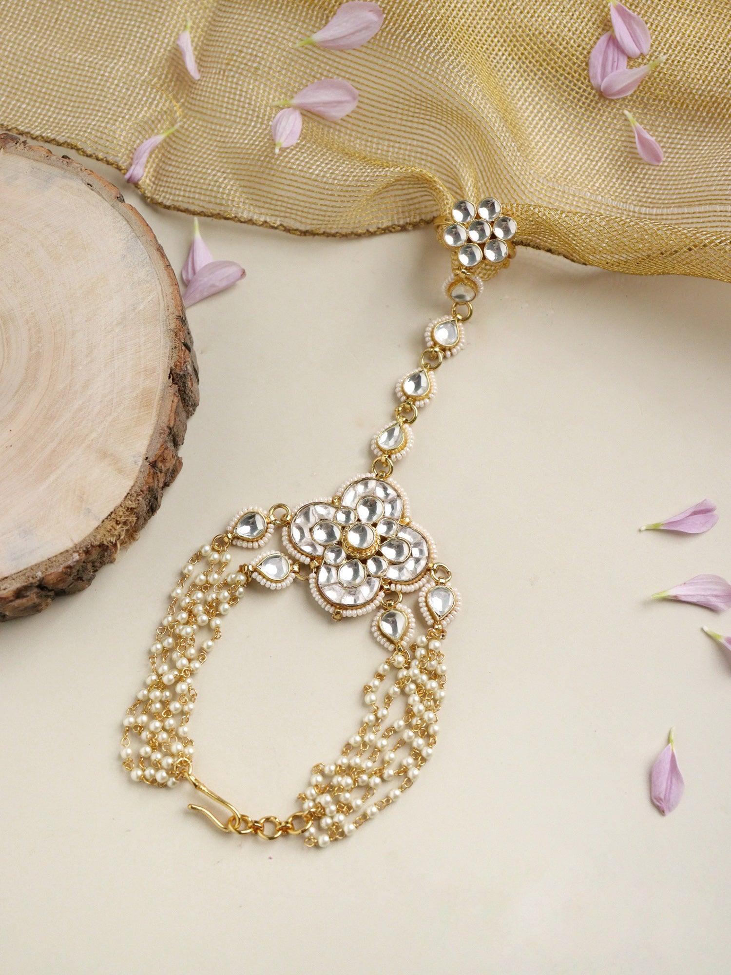  Bridal Kundan and Pearls Floral Hathphool