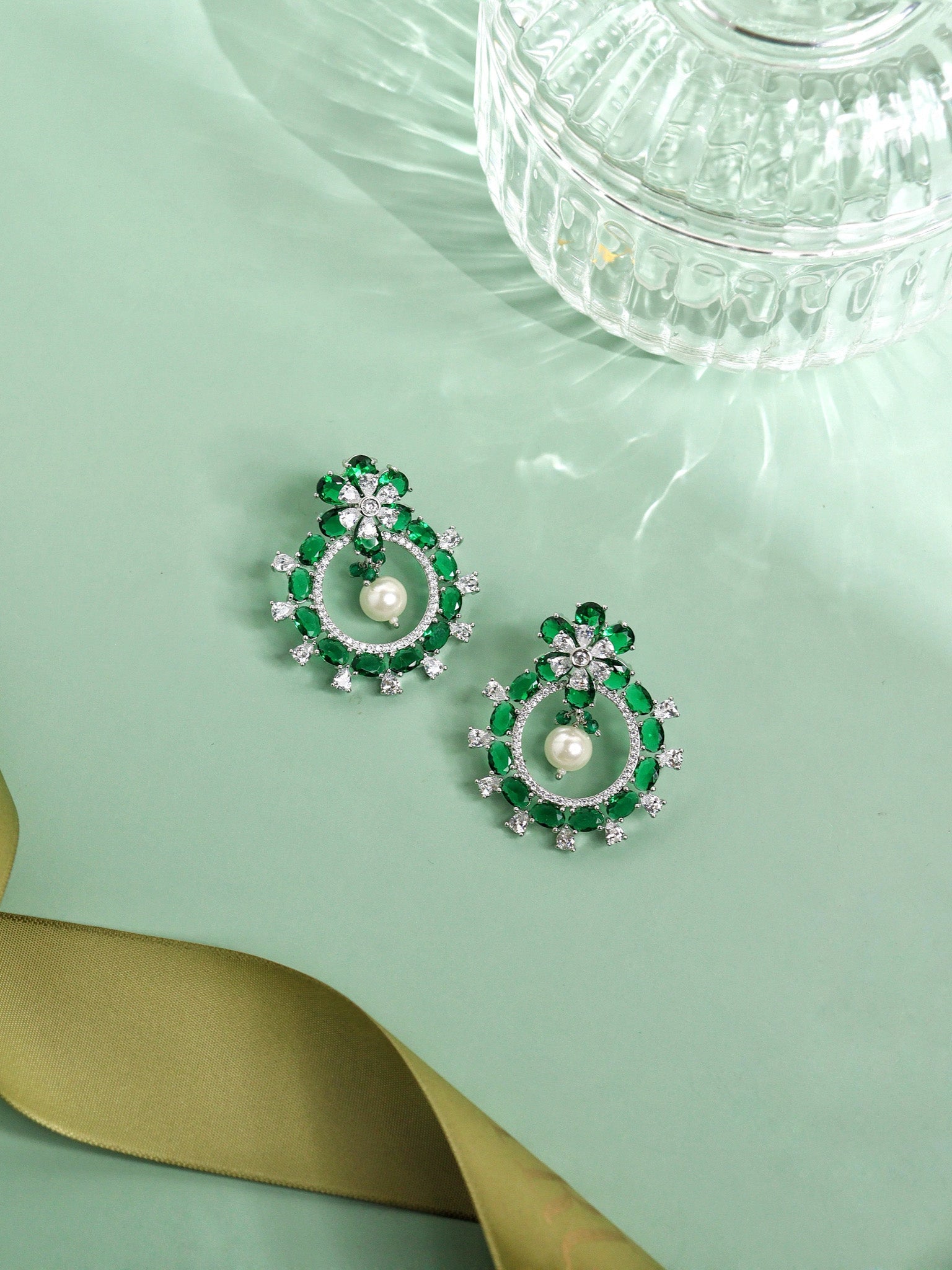 The Emerald Blossom Cubic Zirconia Mini Chandbali Earrings 