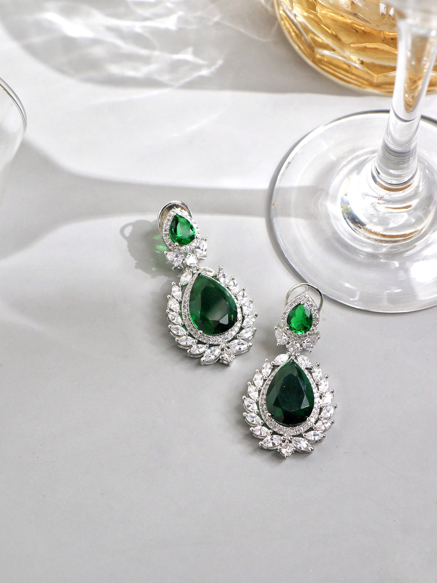 Floral Emerald Bling CZ Drop Earrings 