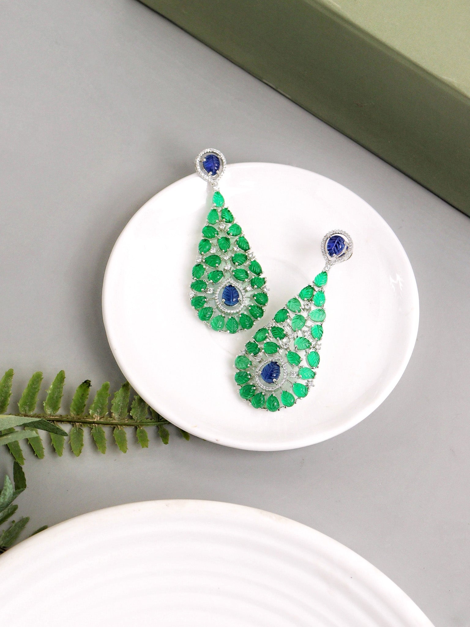 Emerald Ferns Carved CZ Earrings 