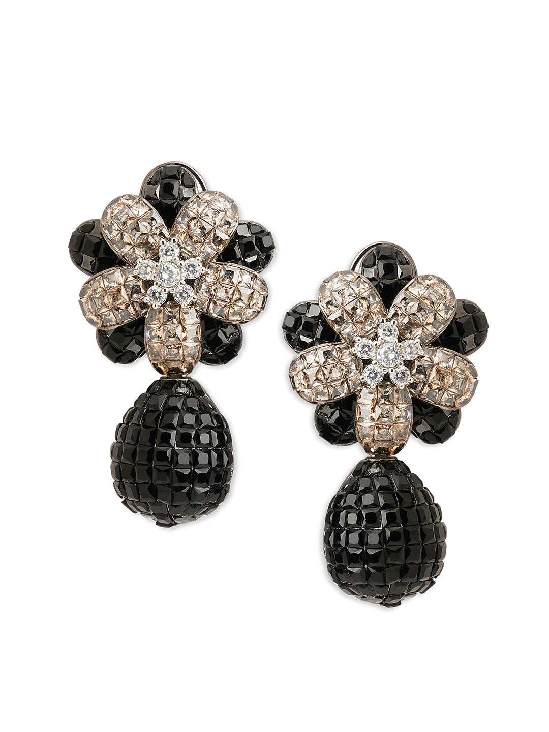 Black Gold CZ Floral Earrings 