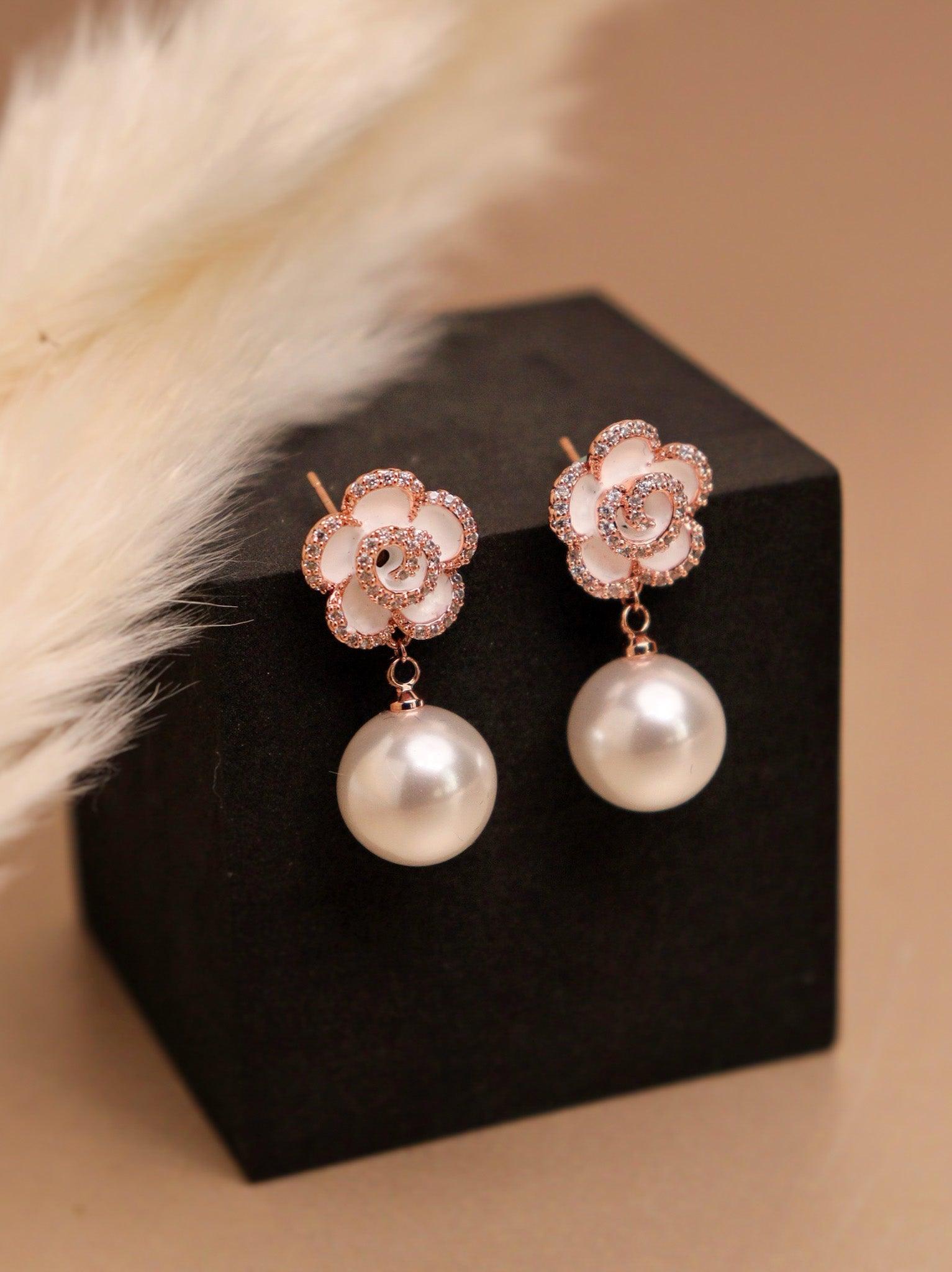 Snow Petal Enameled Pearl Drop Earrings 