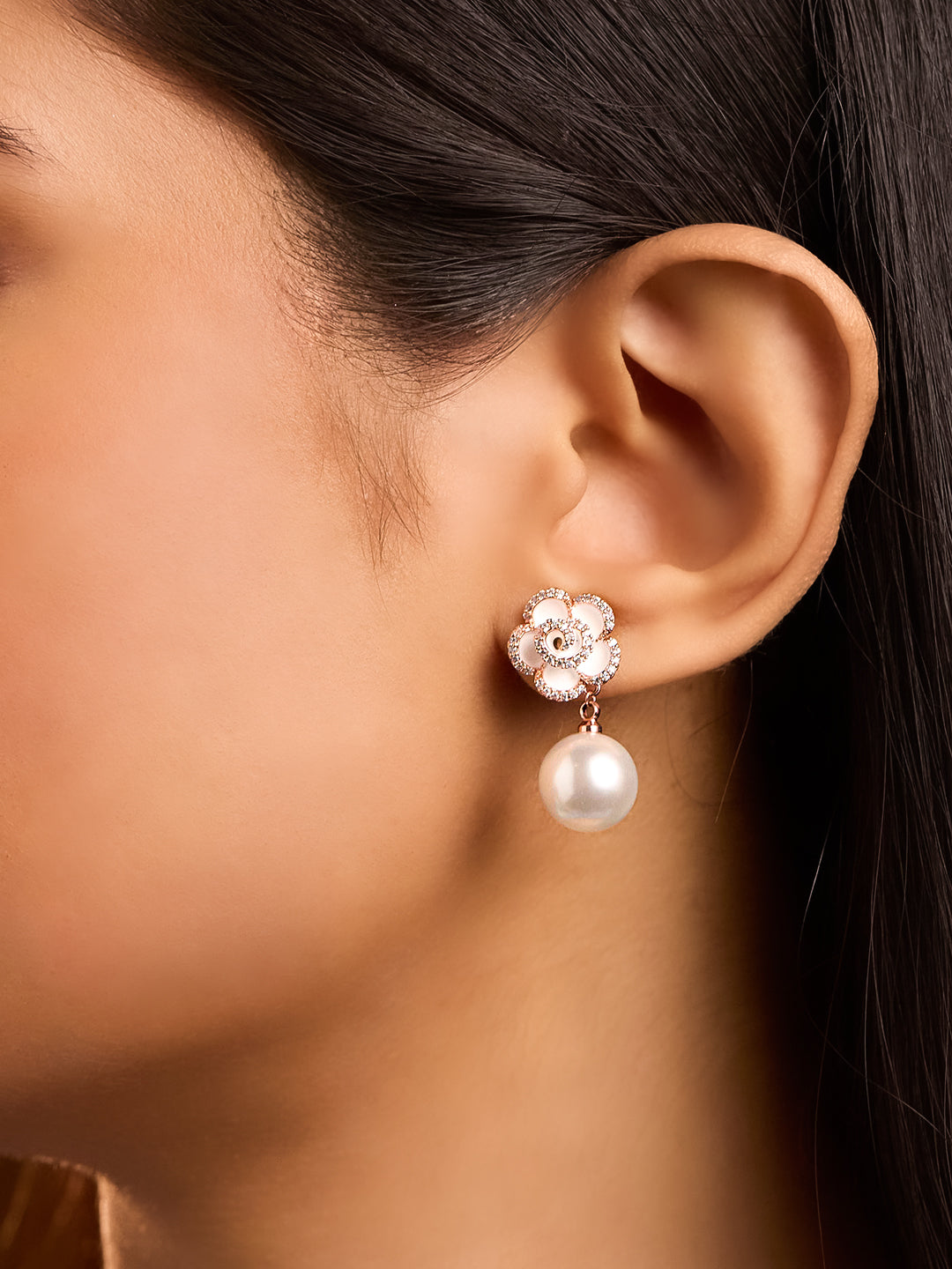 Snow Petal Enameled Pearl Drop Earrings 