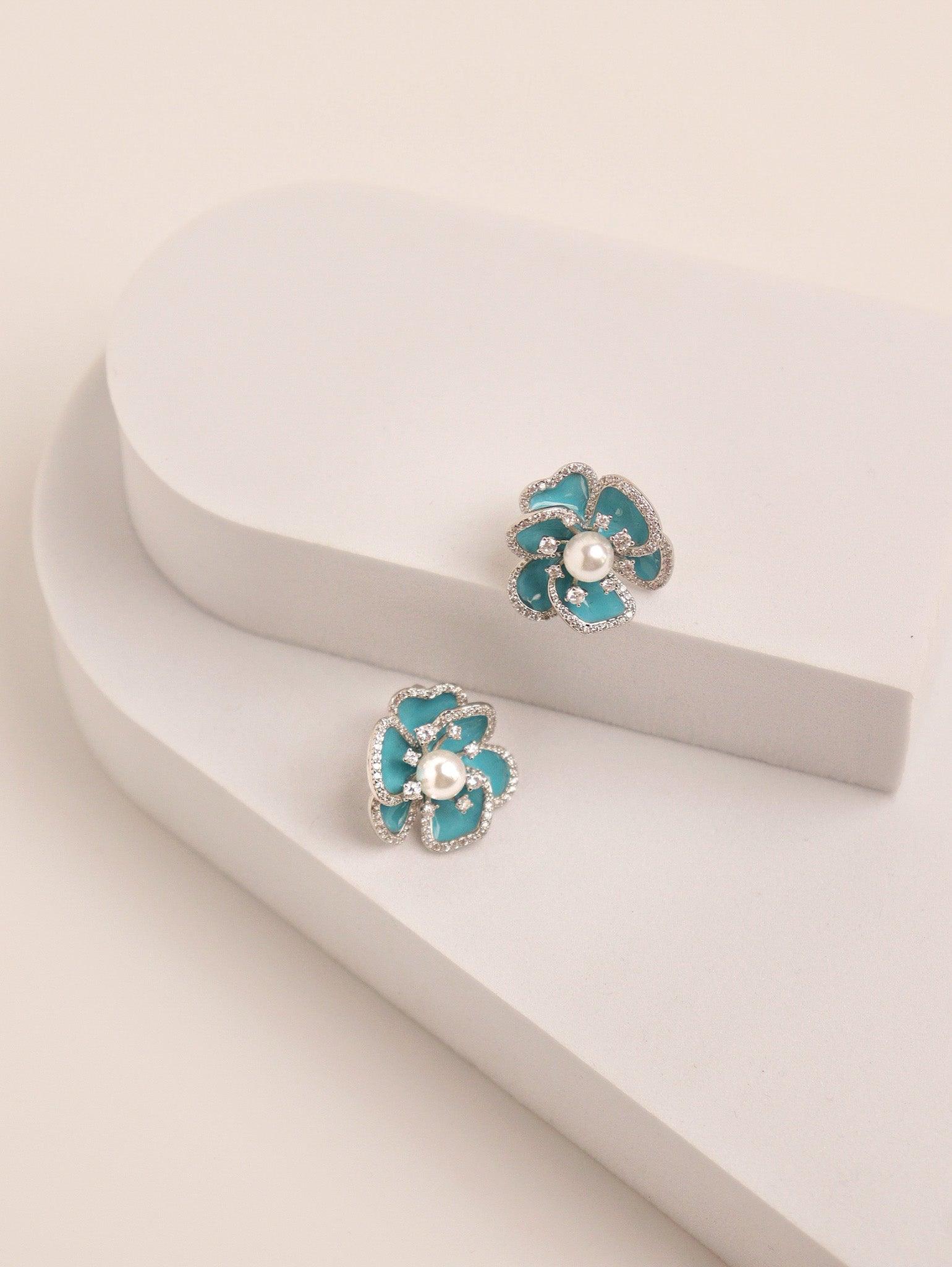 Blue Bloom Enameled Stud Earrings 