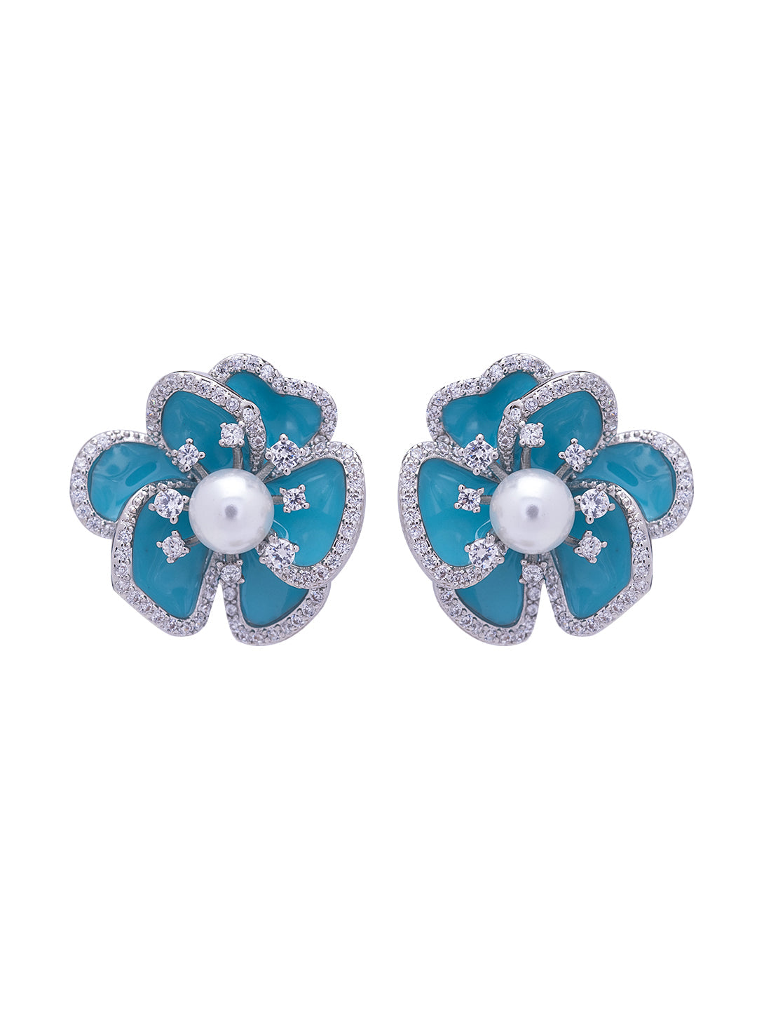 Blue Bloom Enameled Stud Earrings 