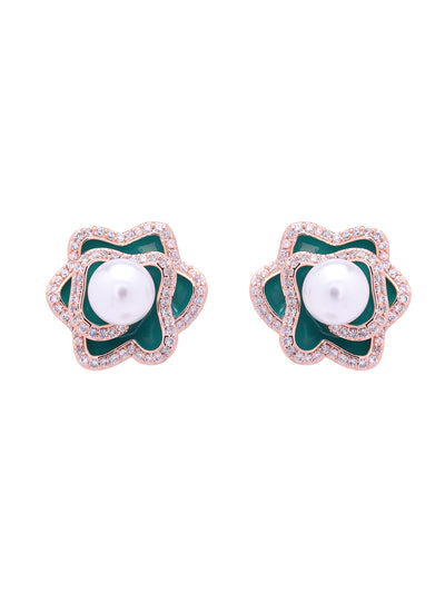 Green Rosette Pearl Stud Earrings 