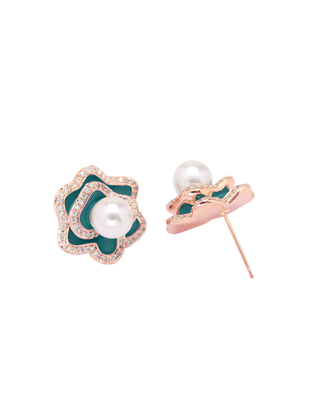 Green Rosette Pearl Stud Earrings 