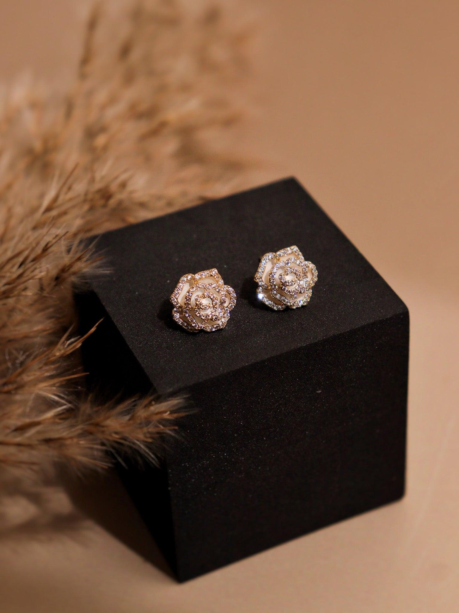 White Frost Rose Stud Earrings 