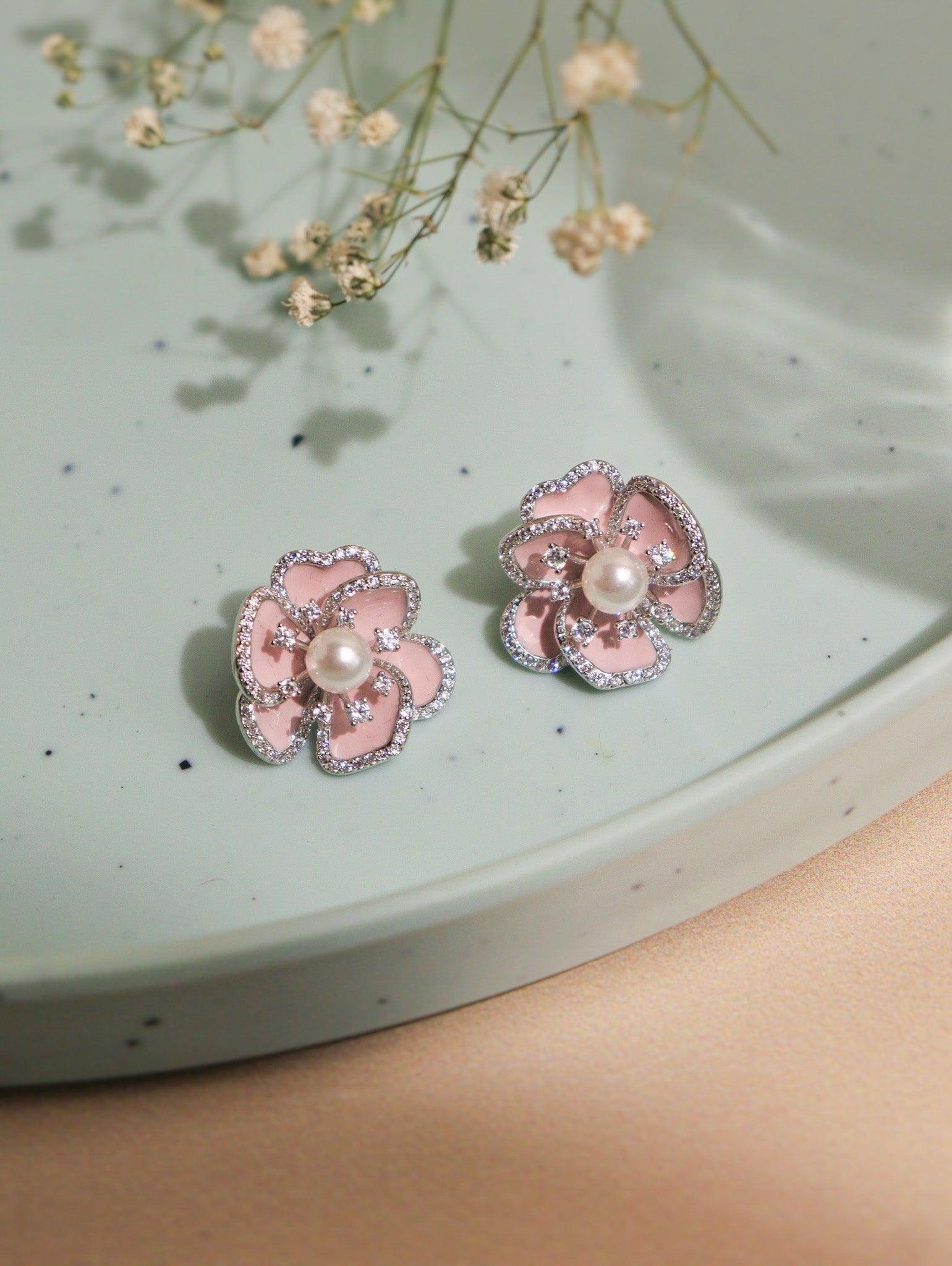 Blush Bloom Enameled Stud Earrings 