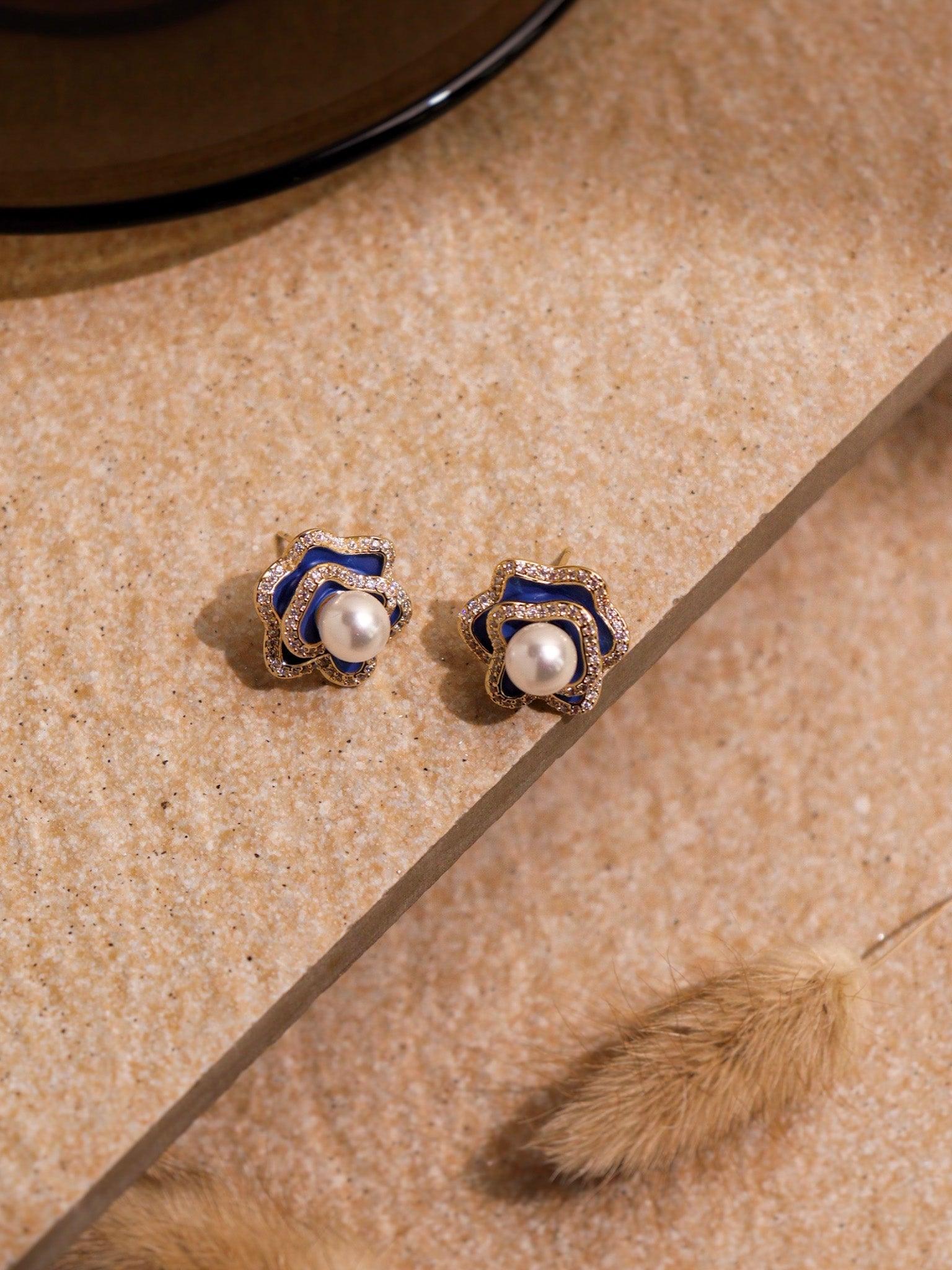 Blue Rosette Pearl Stud Earrings 