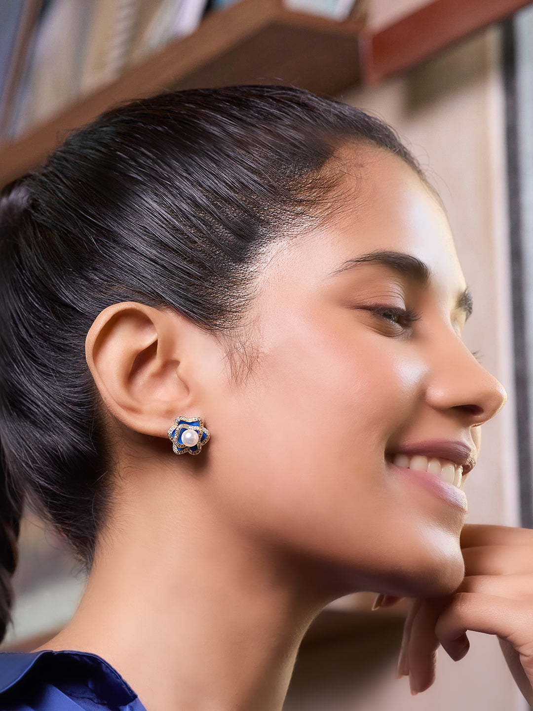  Blue Rosette Pearl Stud Earrings