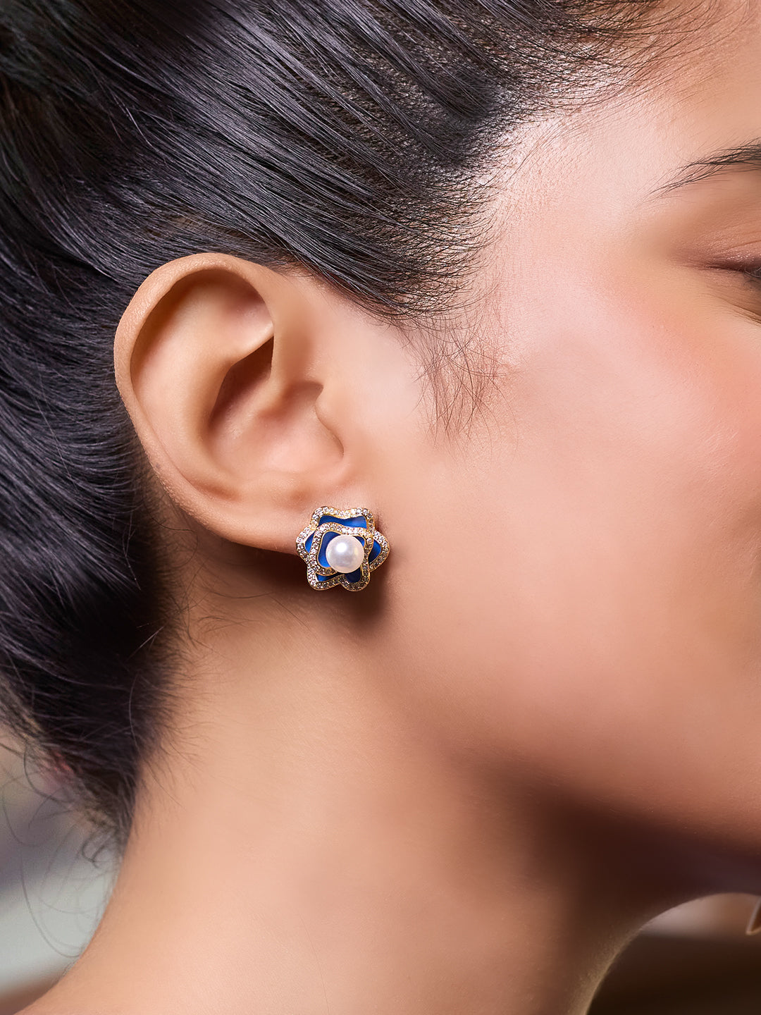 Blue Rosette Pearl Stud Earrings 