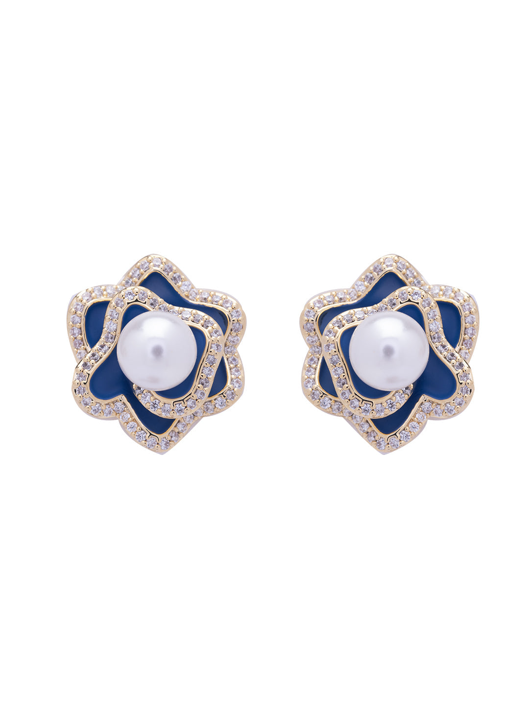 Blue Rosette Pearl Stud Earrings 