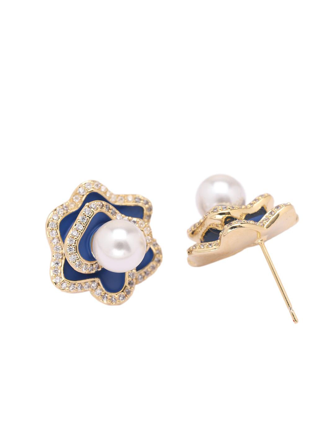 Blue Rosette Pearl Stud Earrings 