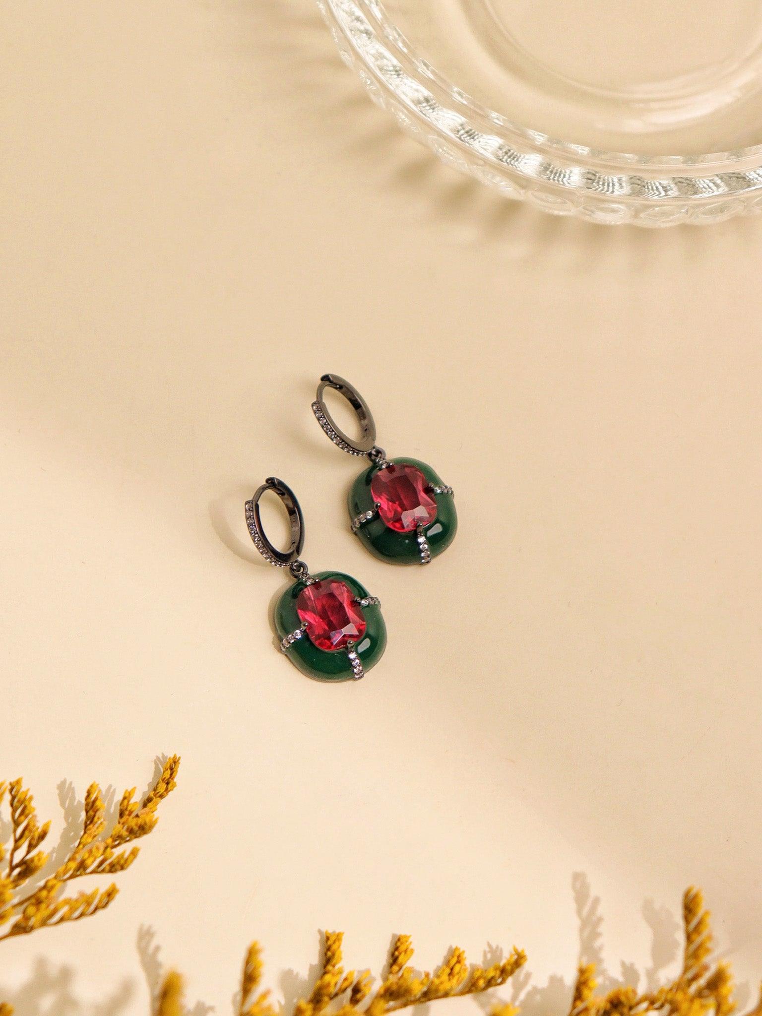 Forest Ruby Enamel Dangler Earrings 