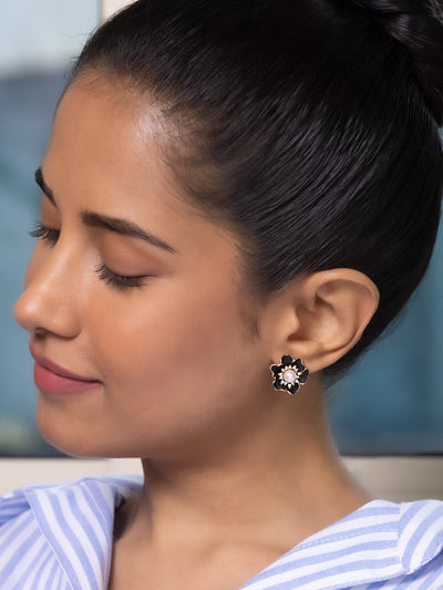 Floral Black Enameld Pearl Stud Earrings 