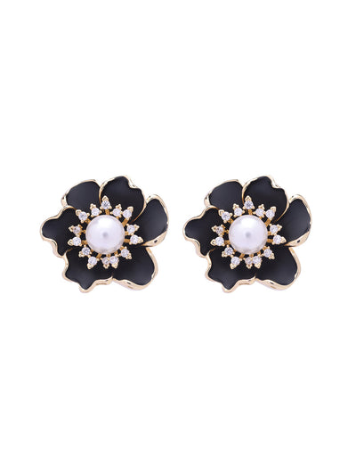 Floral Black Enameld Pearl Stud Earrings 