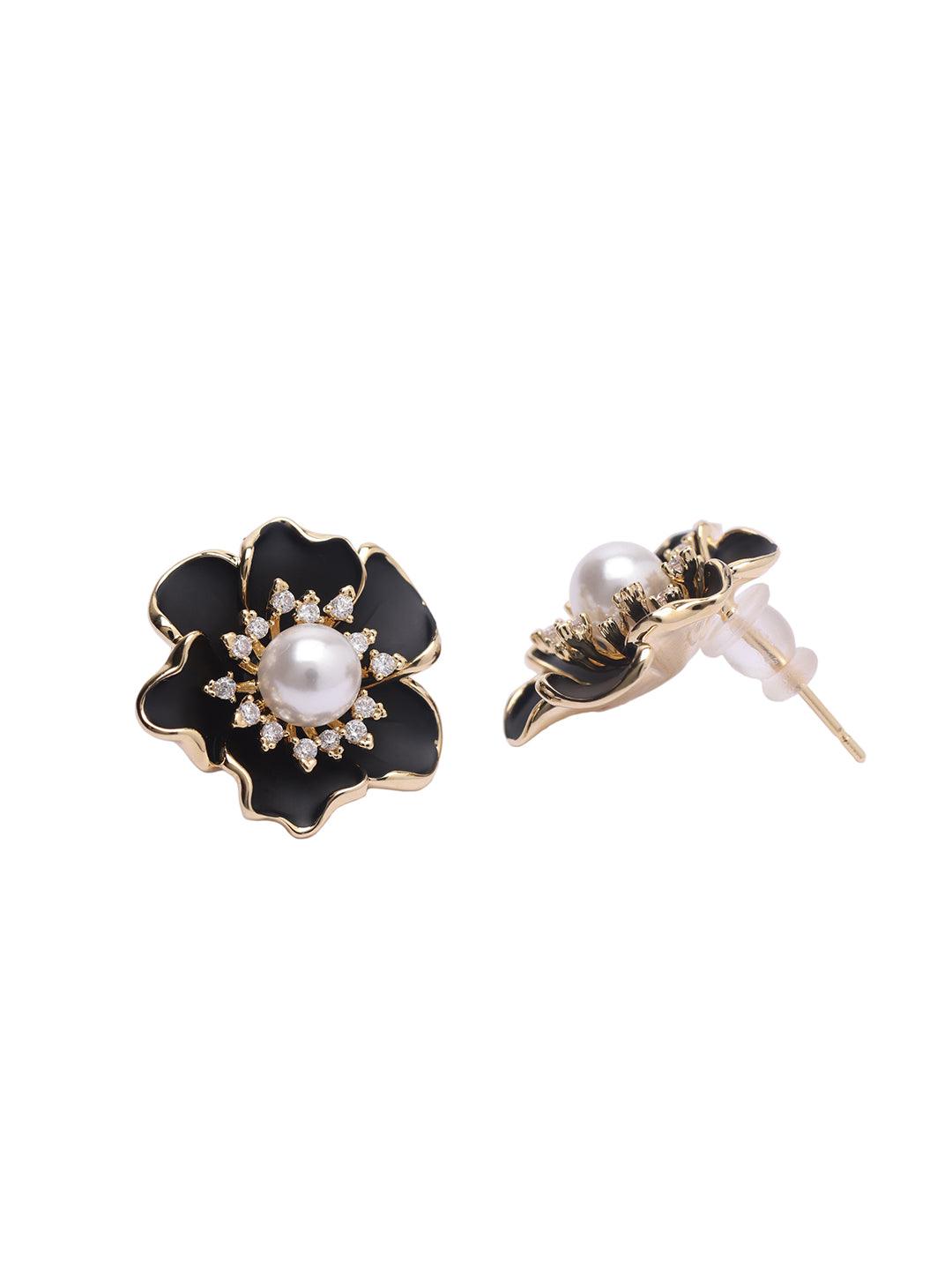 Floral Black Enameld Pearl Stud Earrings 