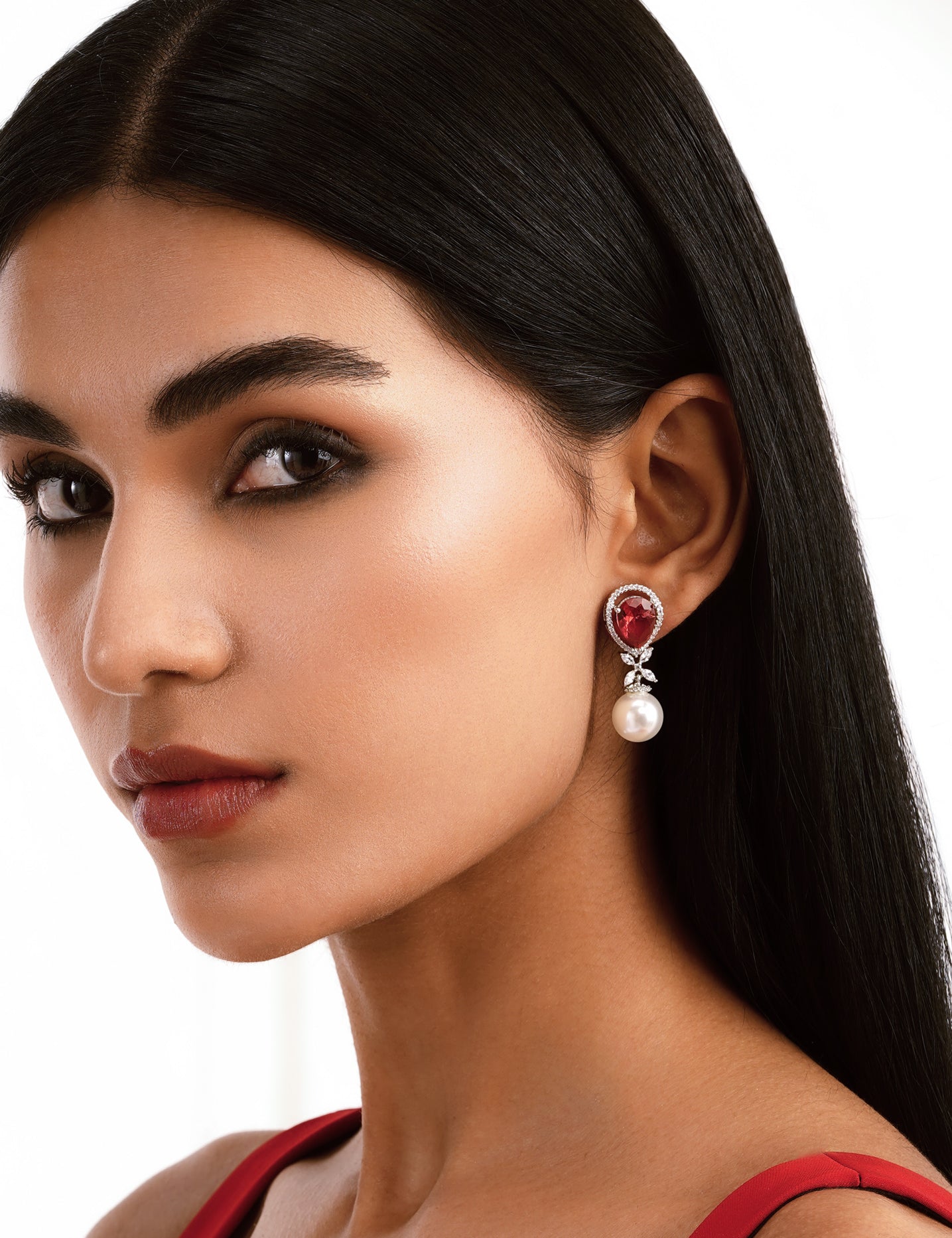 Pearl and Red Drop Earrings