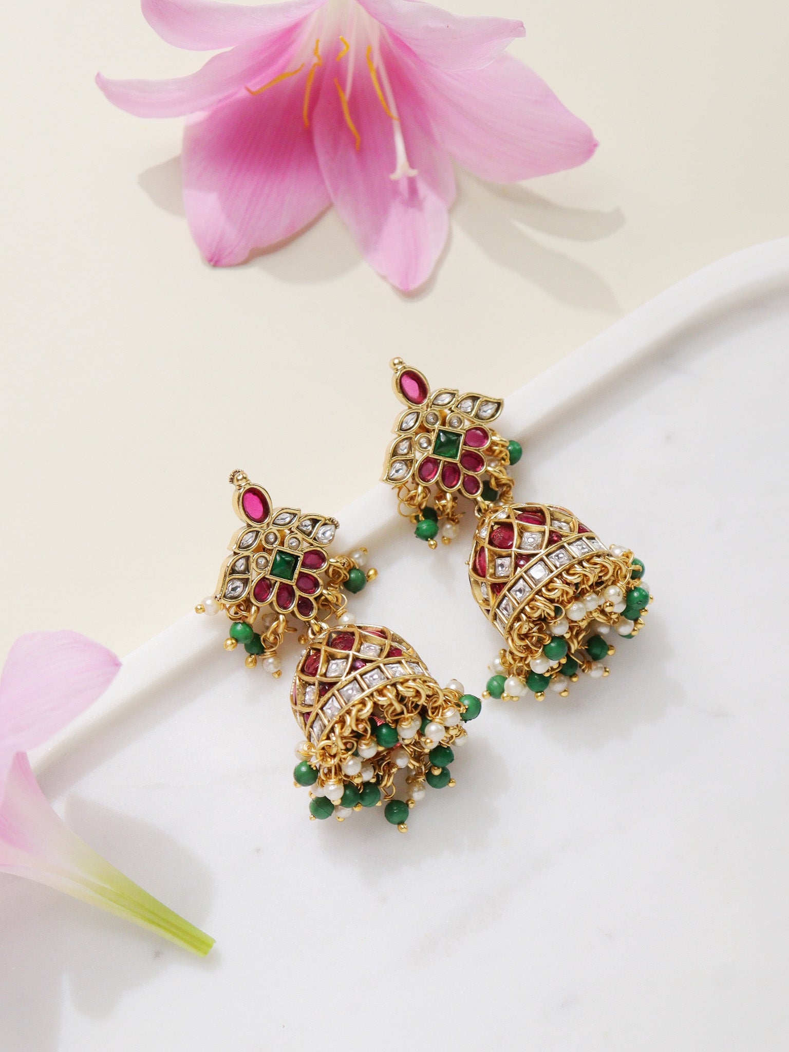  22K Gold-Plated Ruby And Emerald Studded Jhumka